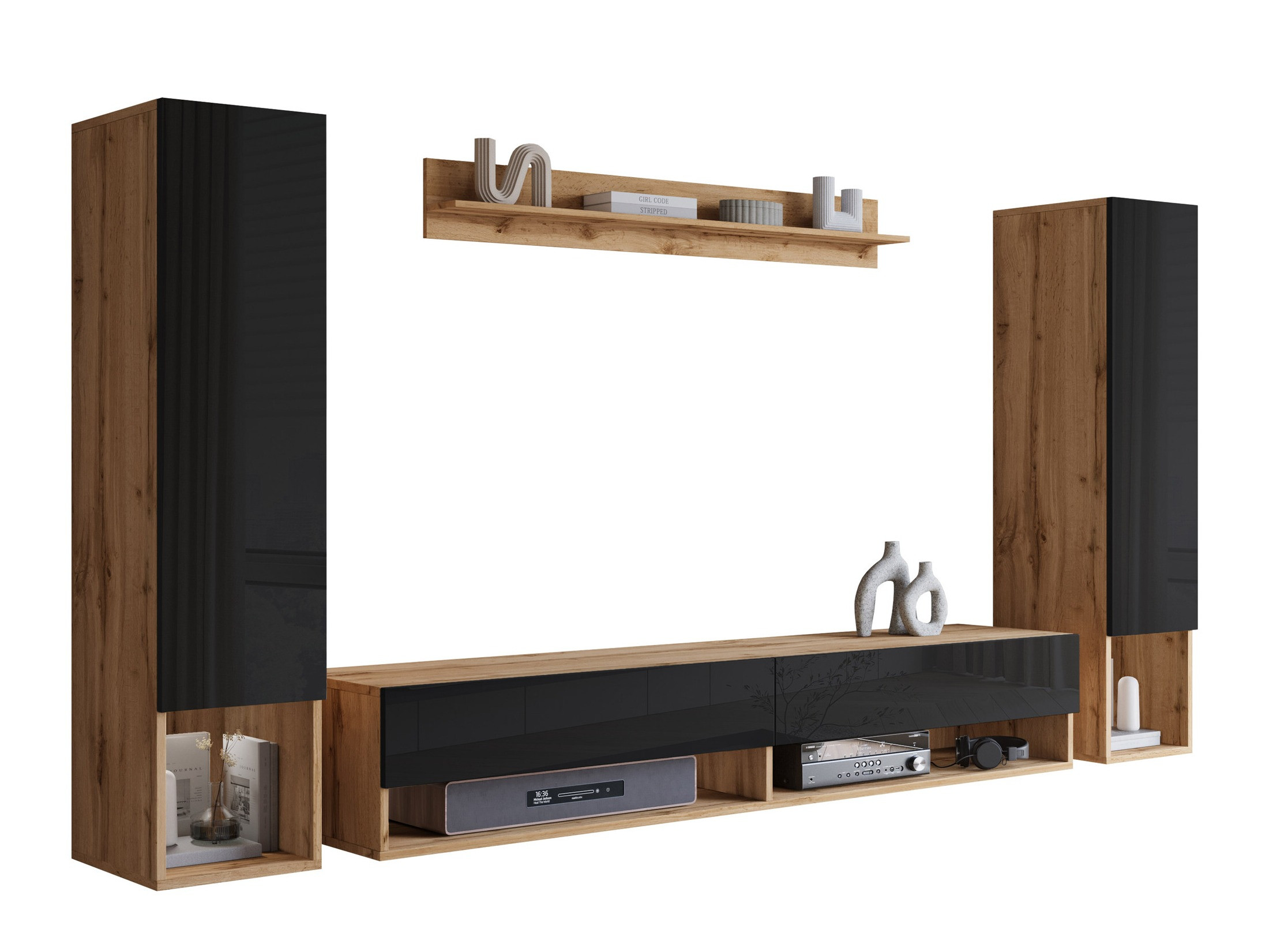 Conjunto de salón Sarasota 176 (Roble wotan + Negro brillante)