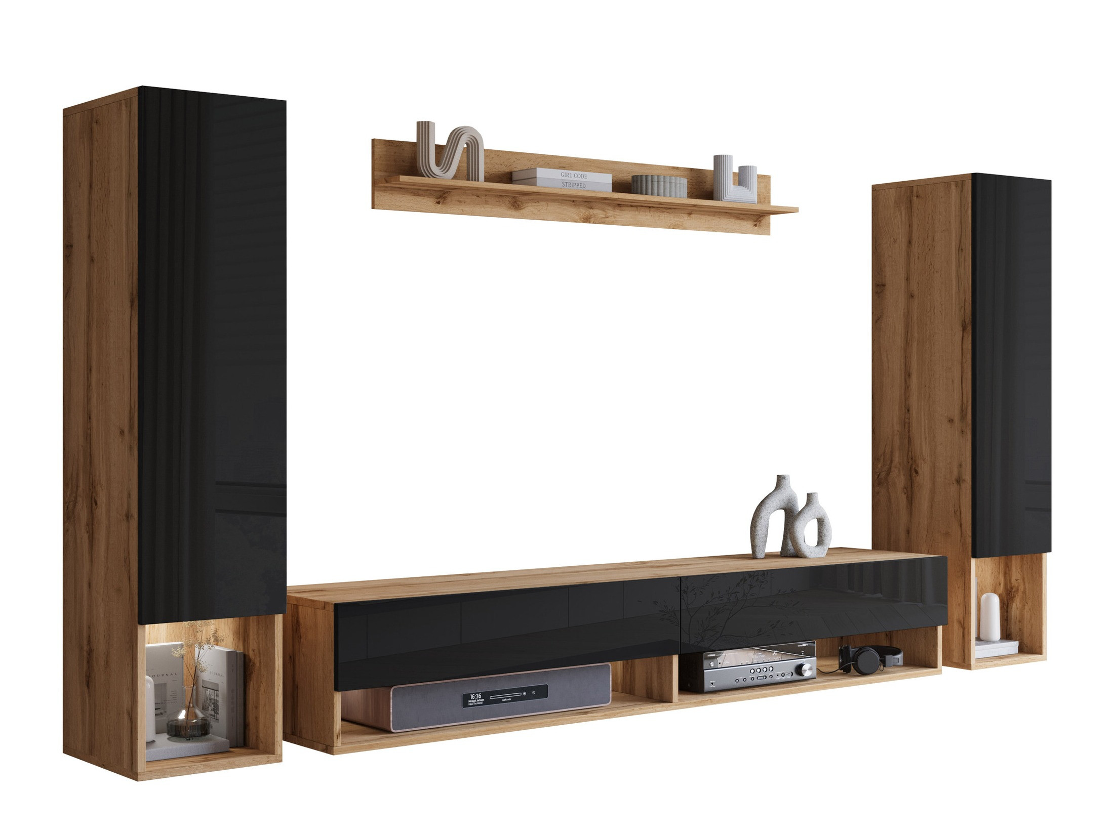 Conjunto de salón Sarasota 176 (Roble wotan + Negro brillante)