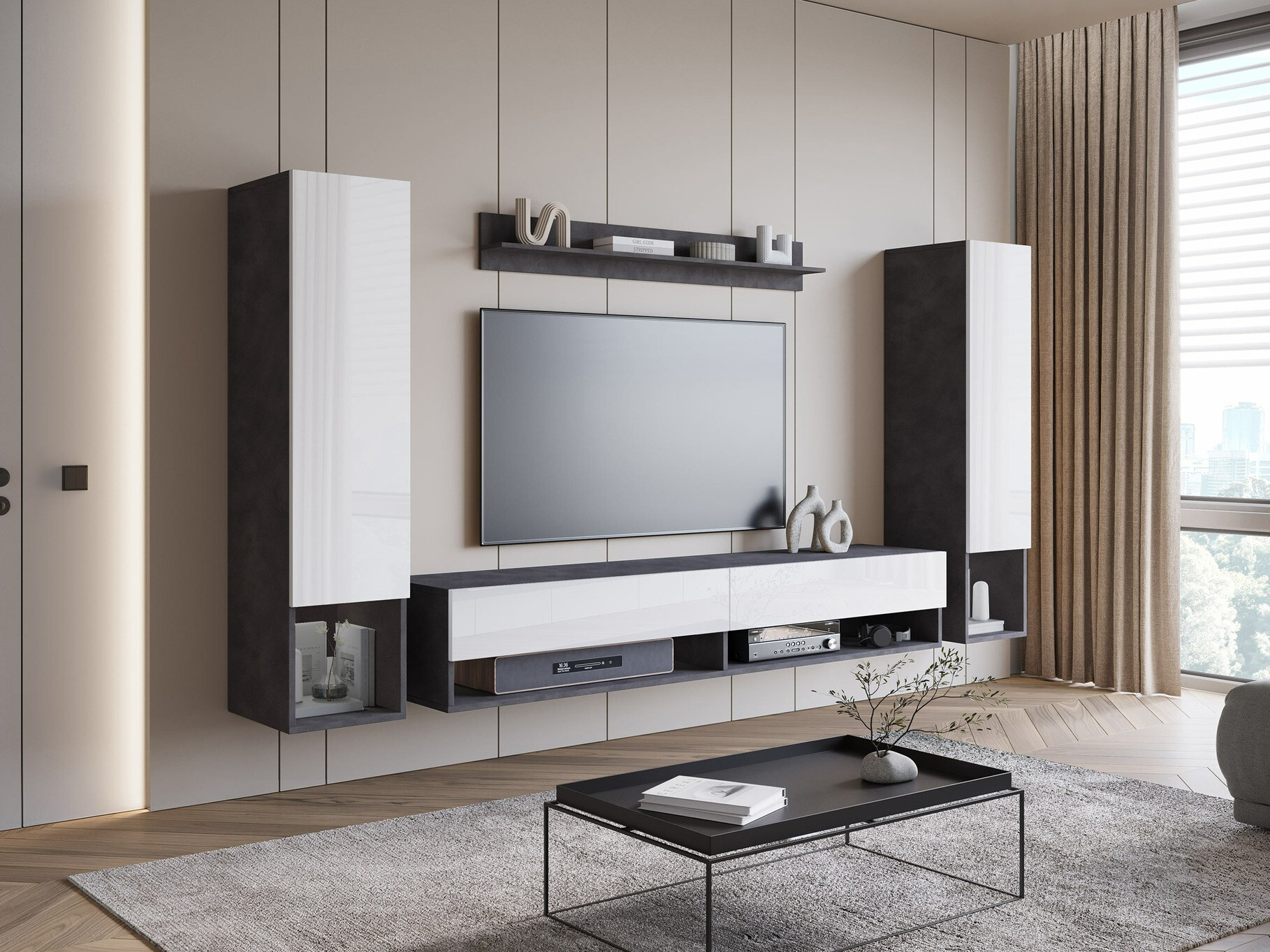 Conjunto de salón Sarasota 176 (Madera gris + Blanco brillante)