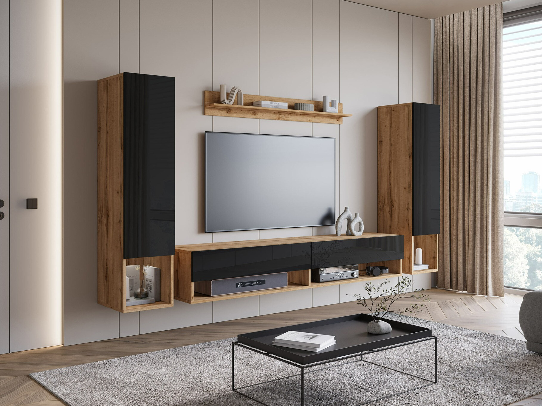 Conjunto de salón Sarasota 176 (Roble wotan + Negro brillante)
