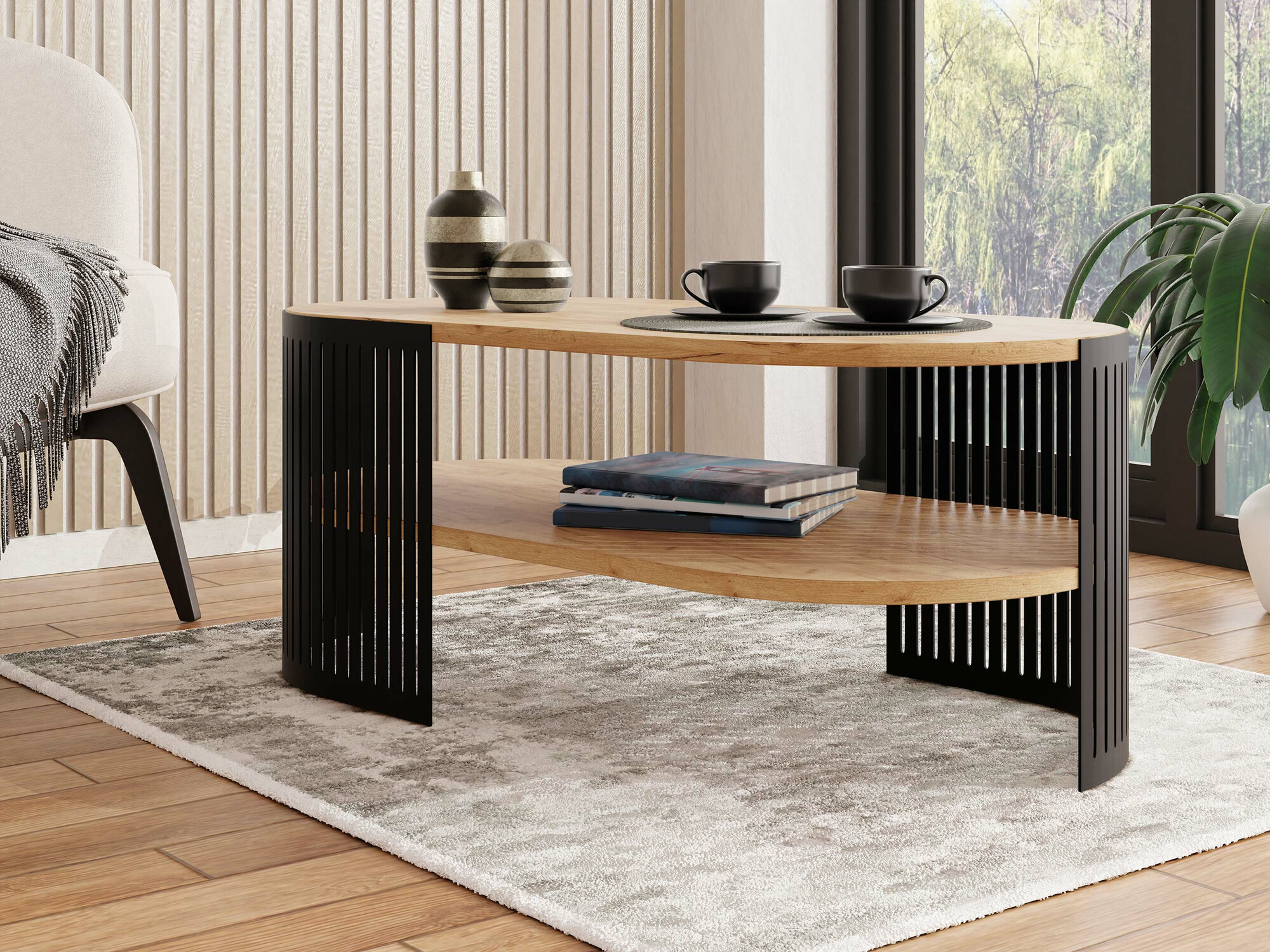 Mesa de centro Evanola 106 (Negro + Roble dorado artesanal)