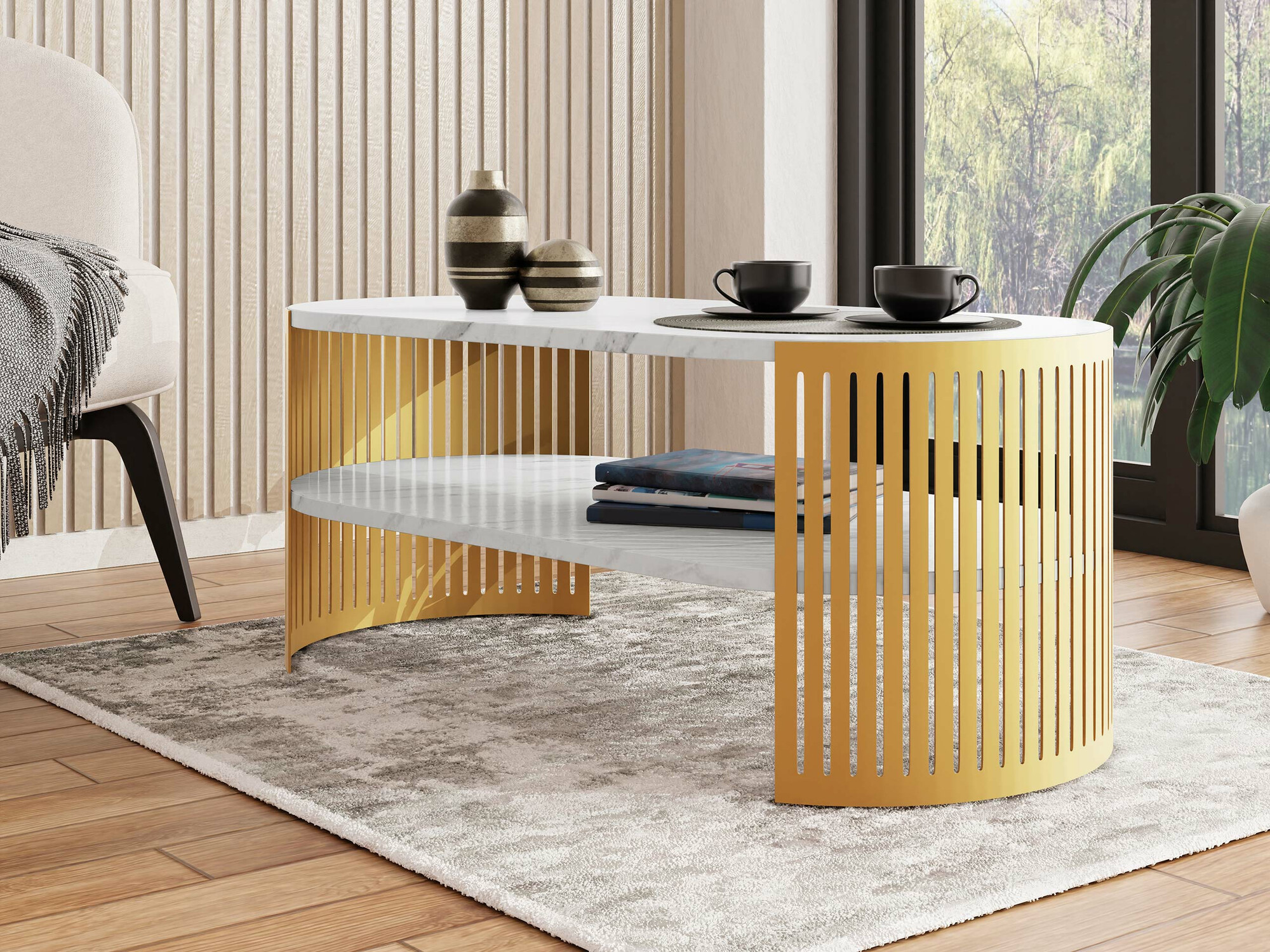 Mesa de centro Sordore 116 (Dorado + Mármol blanco)