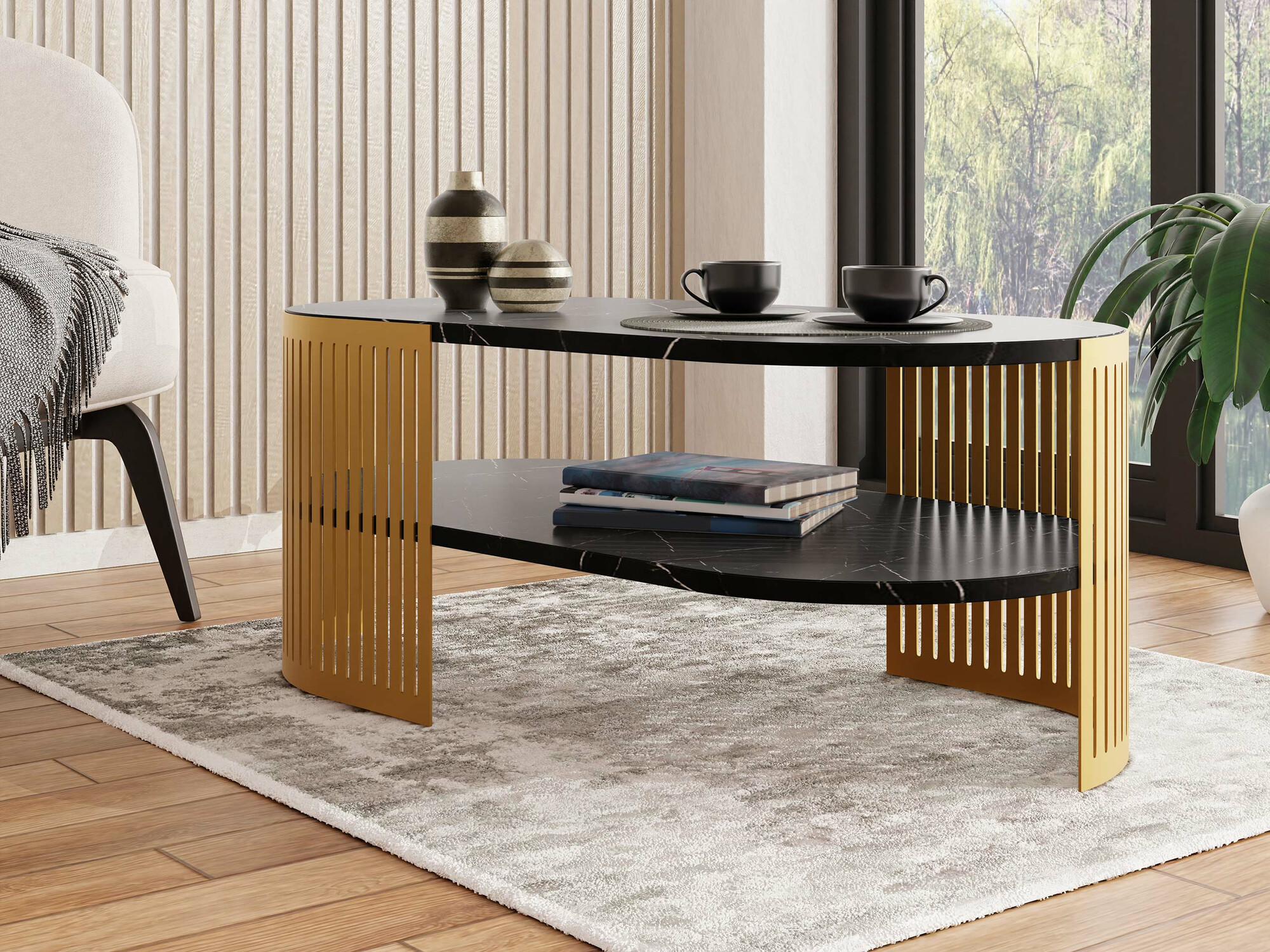 Mesa de centro Sordore 119 (Dorado + Mármol negro)