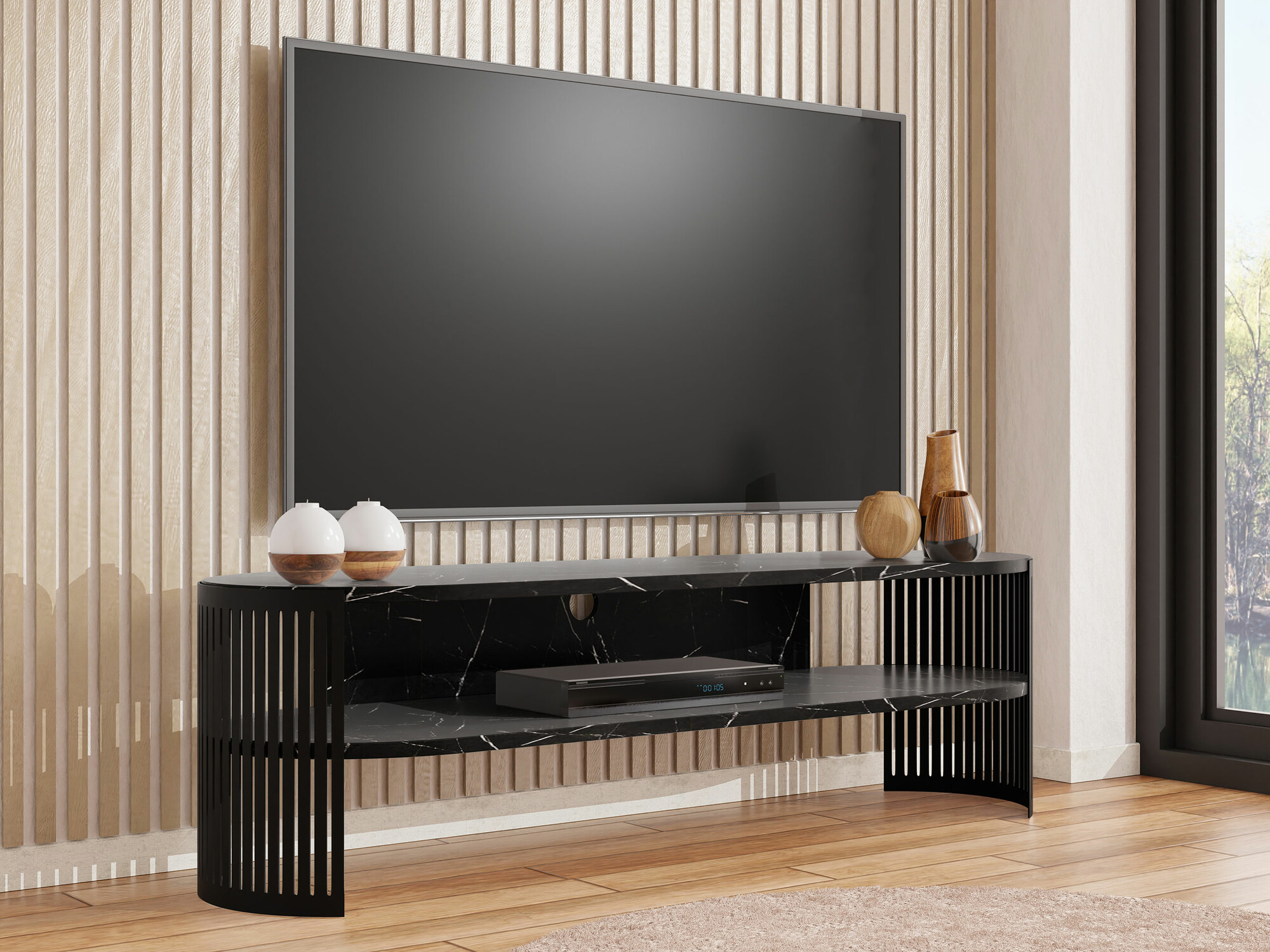 Mueble TV Sordore 121 (Negro + Mármol negro)