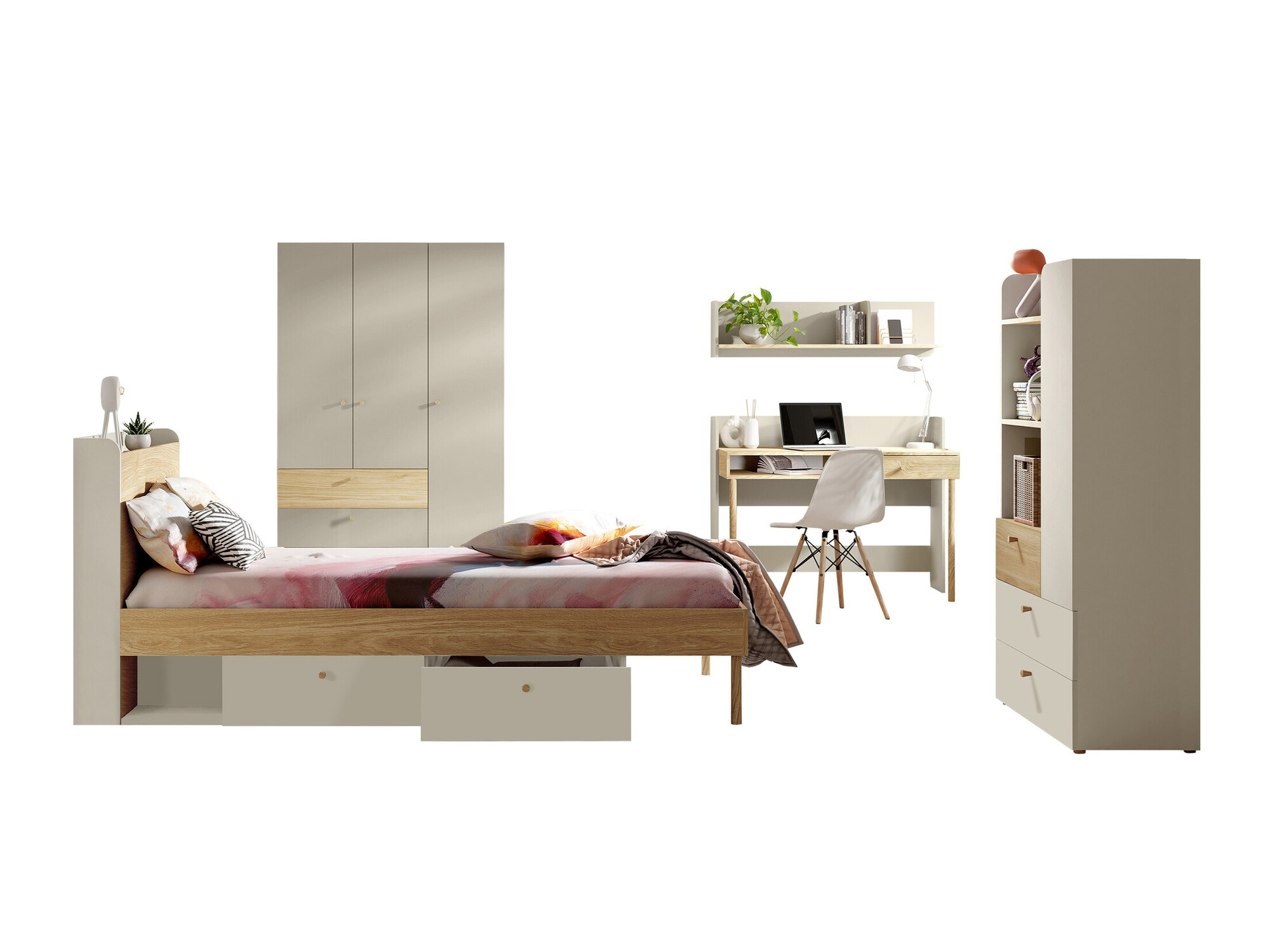 Conjunto de dormitorio infantil Domcali 116 (Beige + Roble)