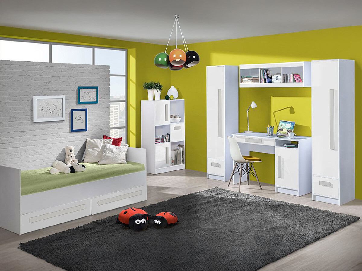 Conjunto de dormitorio infantil Merevari 108 (Blanco + Blanco brillante + Gris)