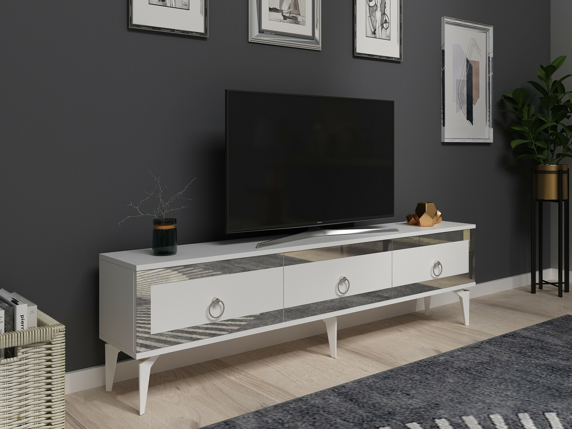 Mueble TV Asheboro 168 (Blanco + Plata)