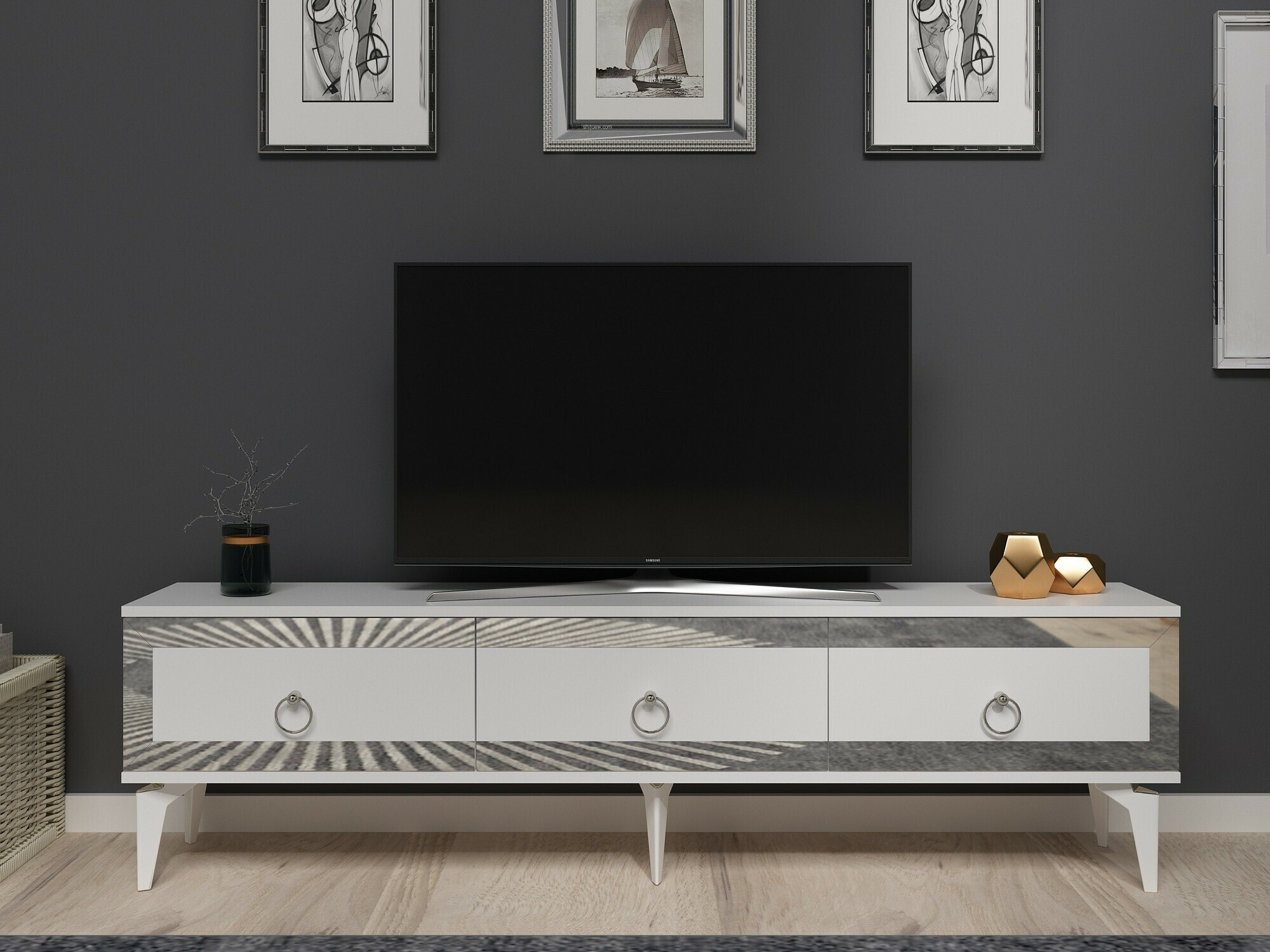 Mueble TV Asheboro 168 (Blanco + Plata)
