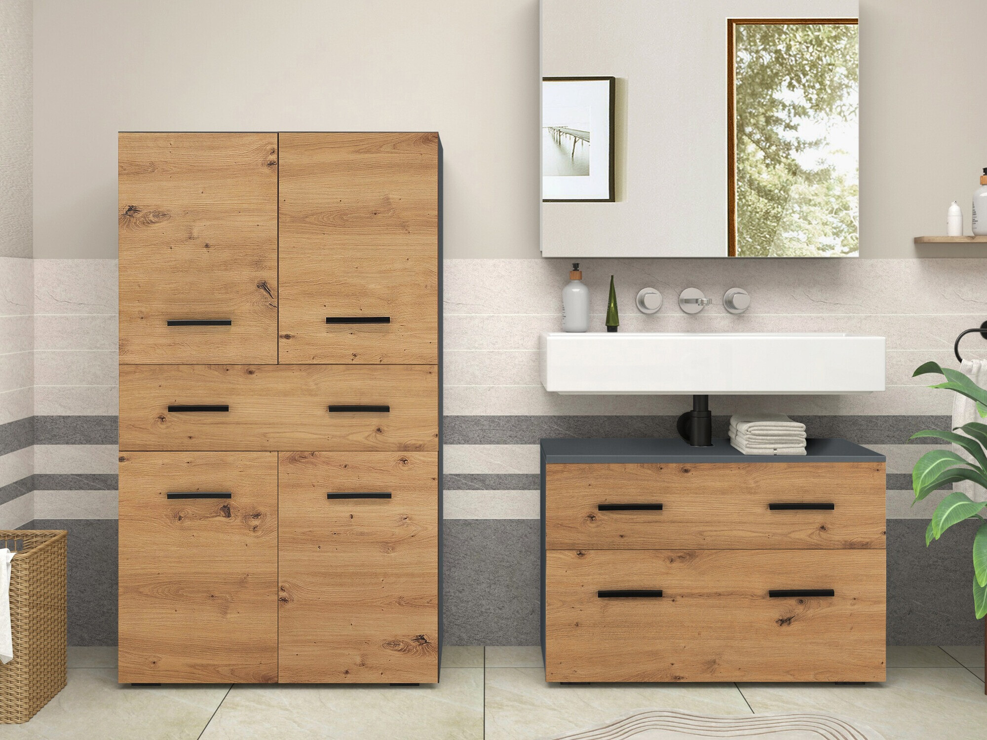 Armario de pie para baño Larlori 106 (Antracita + Roble)