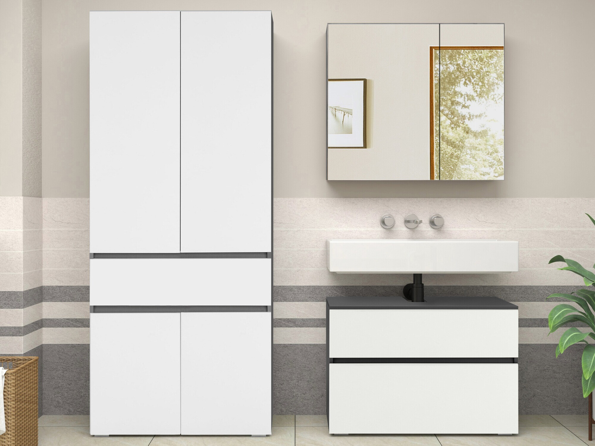 Armario de pie para baño Soncamu 113 (Blanco + Antracita)