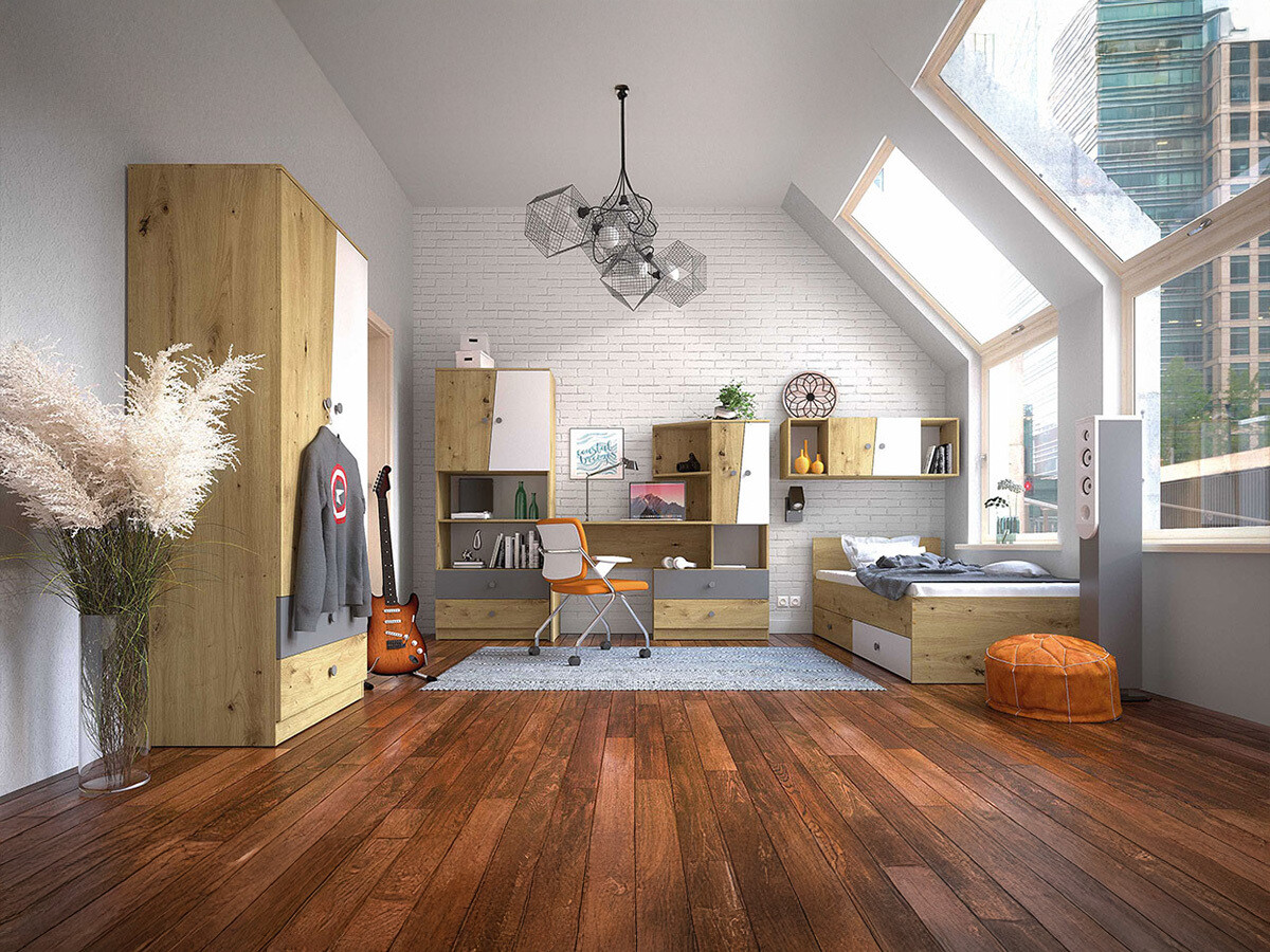 Juego de muebles Almira 114 (Roble Artisan + Blanco + Gris)