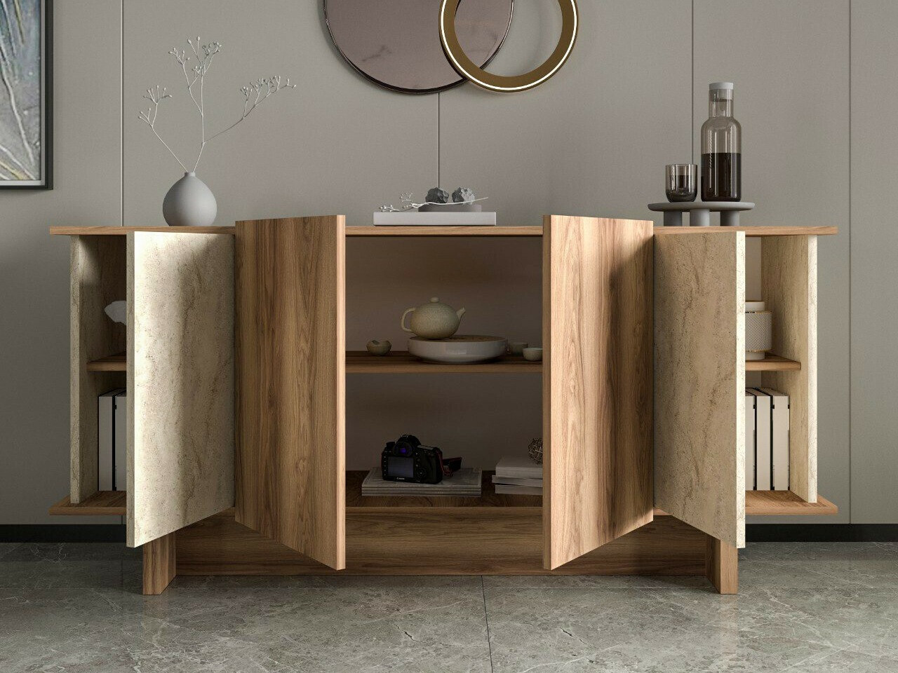 Aparador Kailua 2453 (Claro Travertine + Nogal)