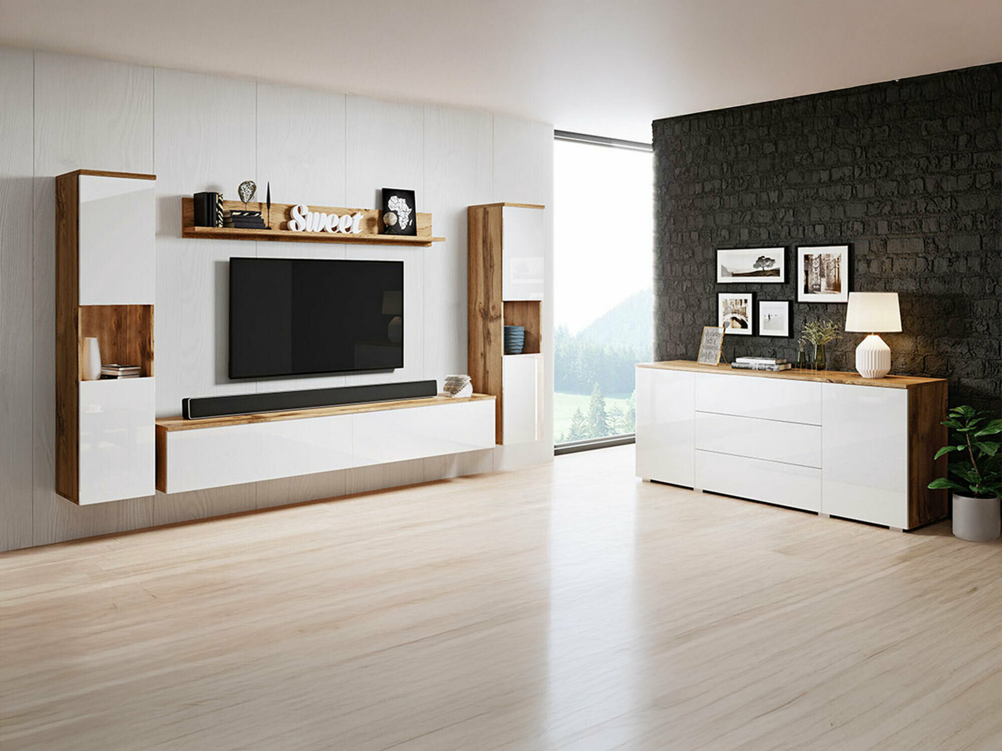 Conjunto de salón Sarasota 133 (Roble wotan + Blanco brillante)