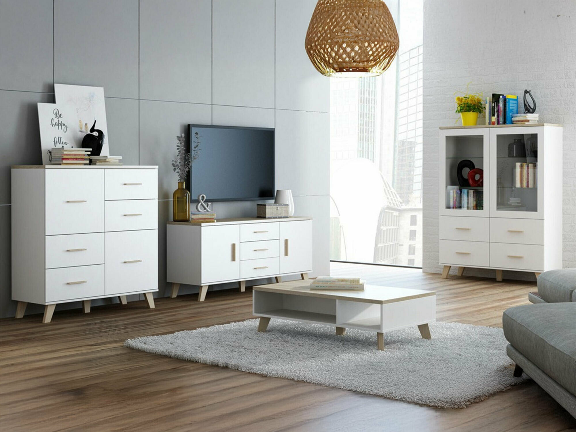 Conjunto de salón Larfloi 112 (Blanco + Roble Sonoma)