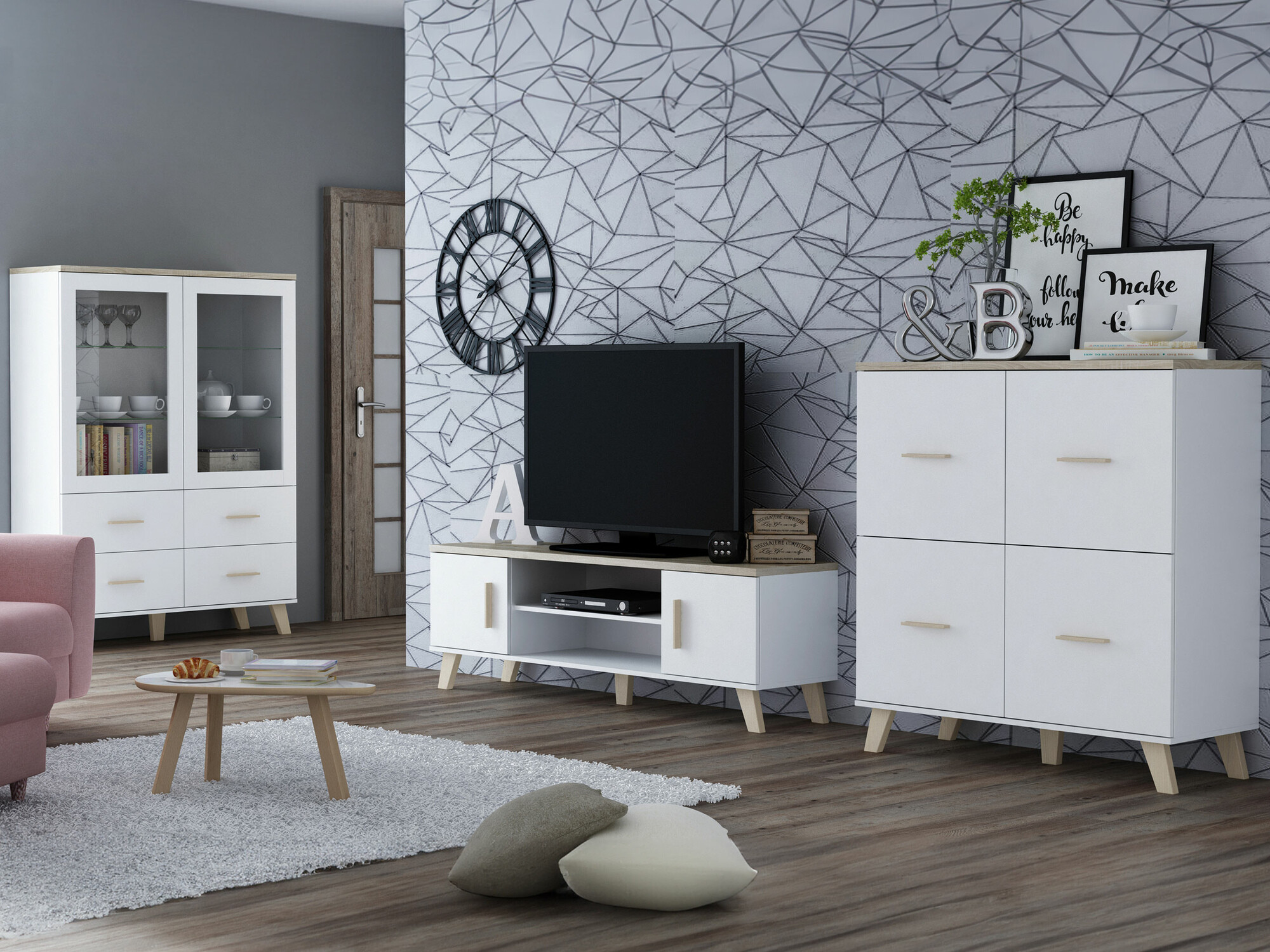 Conjunto de salón Larfloi 113 (Blanco + Roble Sonoma)