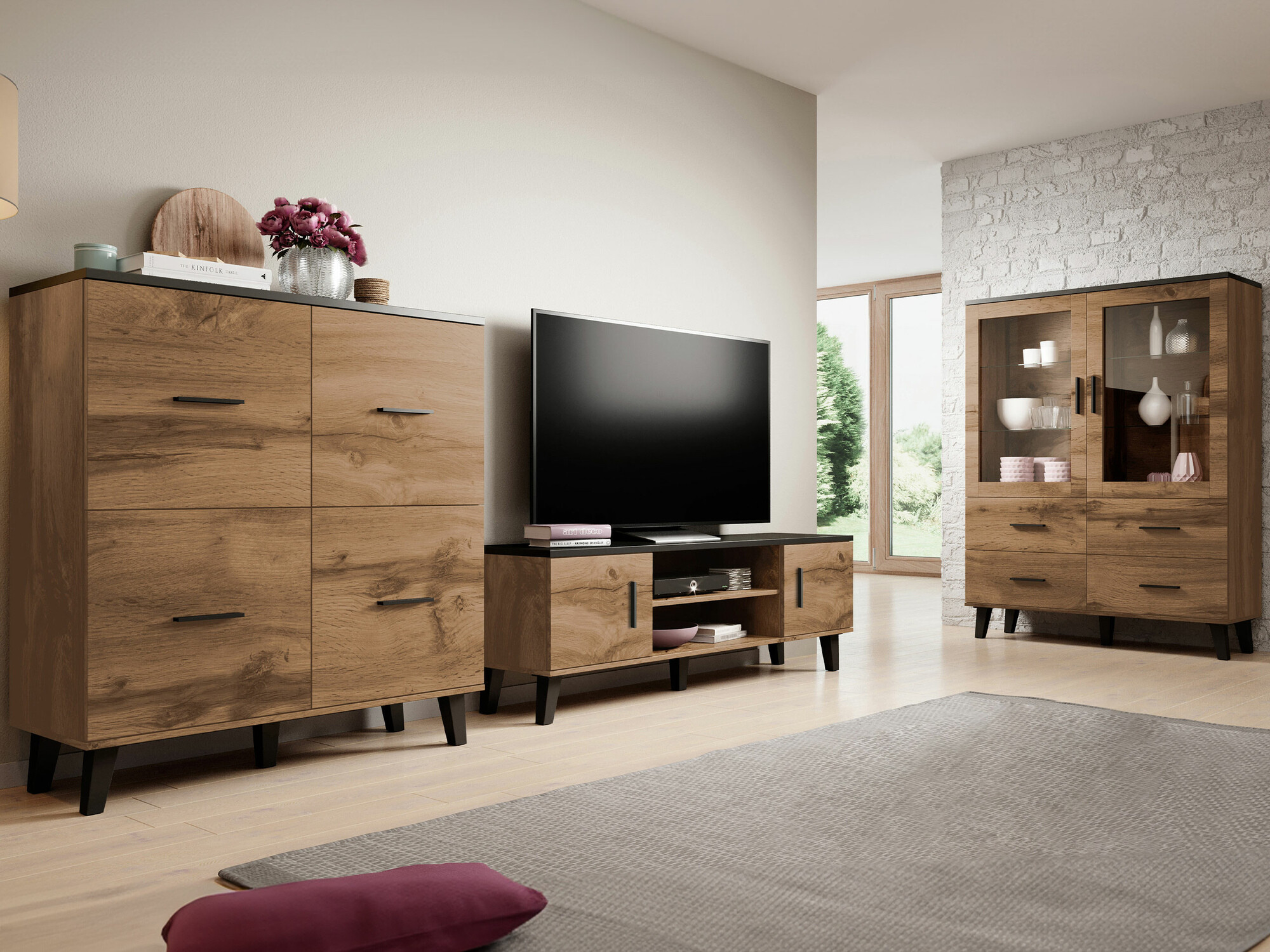 Conjunto de salón Larfloi 113 (Roble wotan + Negro)