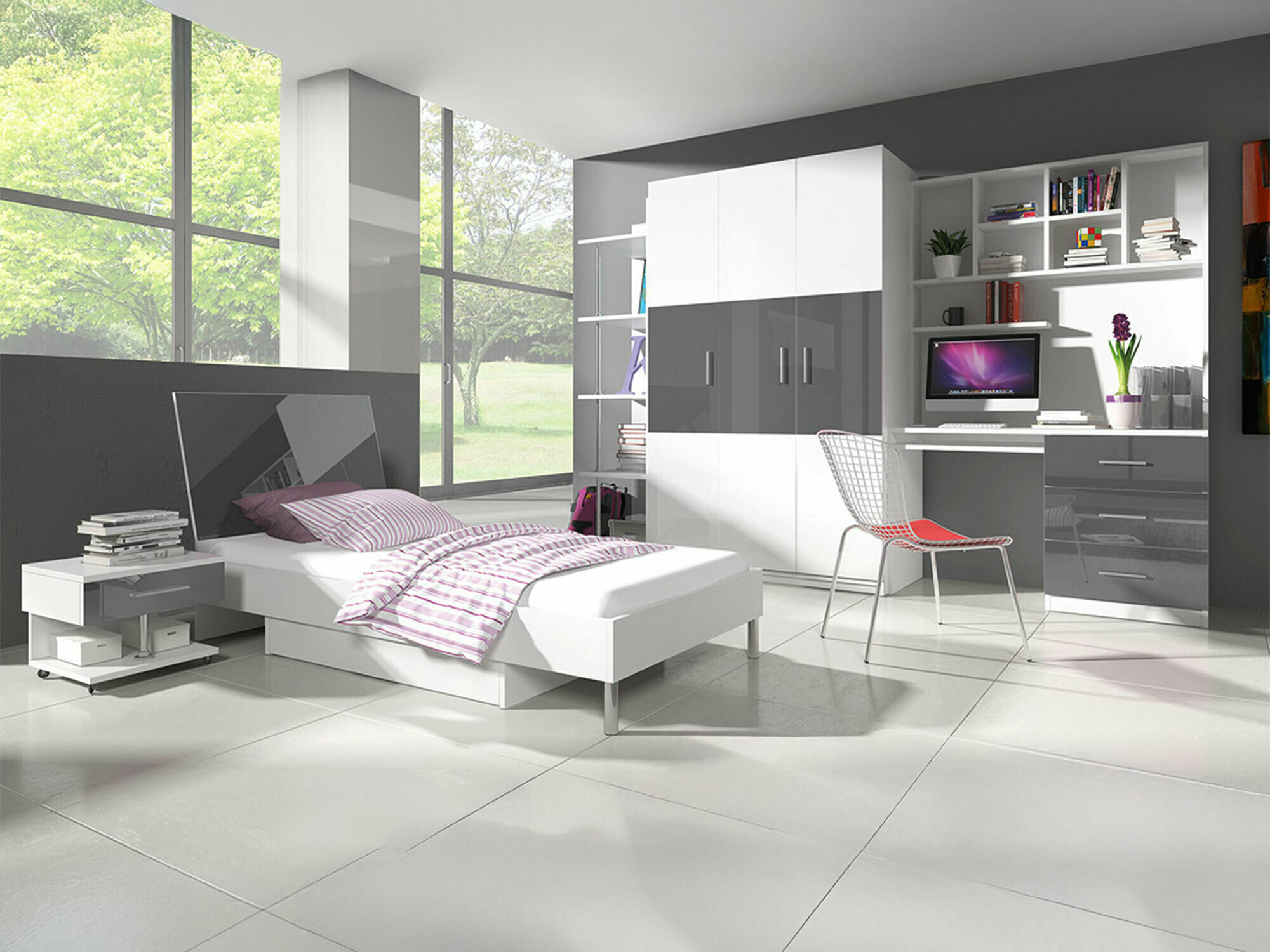 Conjunto de dormitorio infantil Campus (Blanco brillante + Gris brillante)