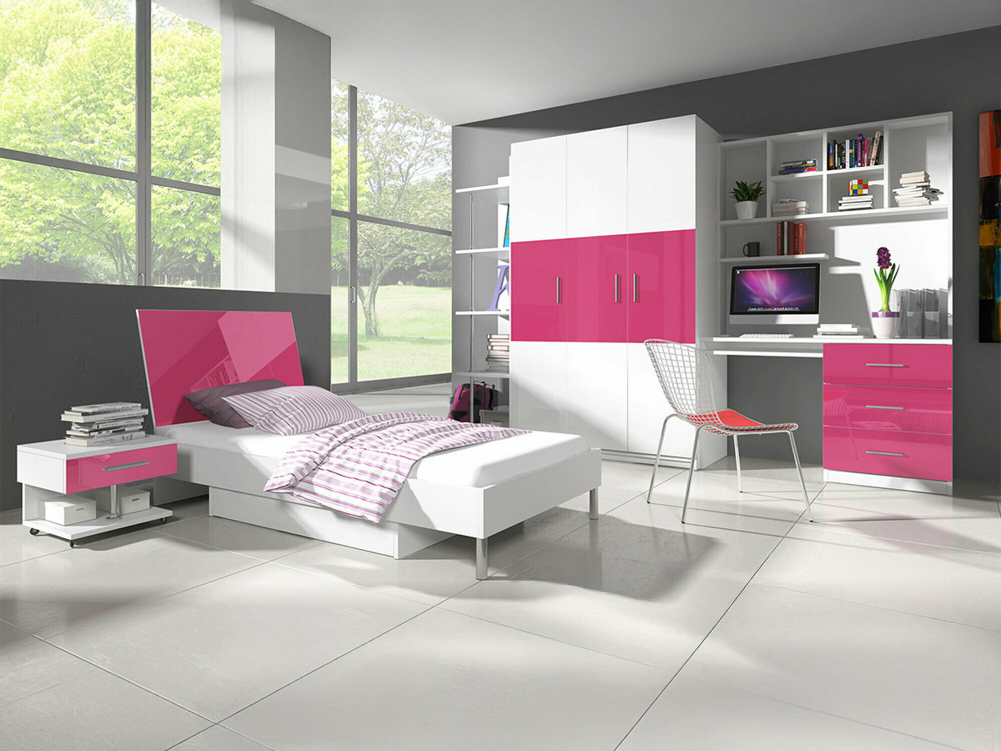 Conjunto de dormitorio infantil Campus (Blanco brillante + Rosa brillante)