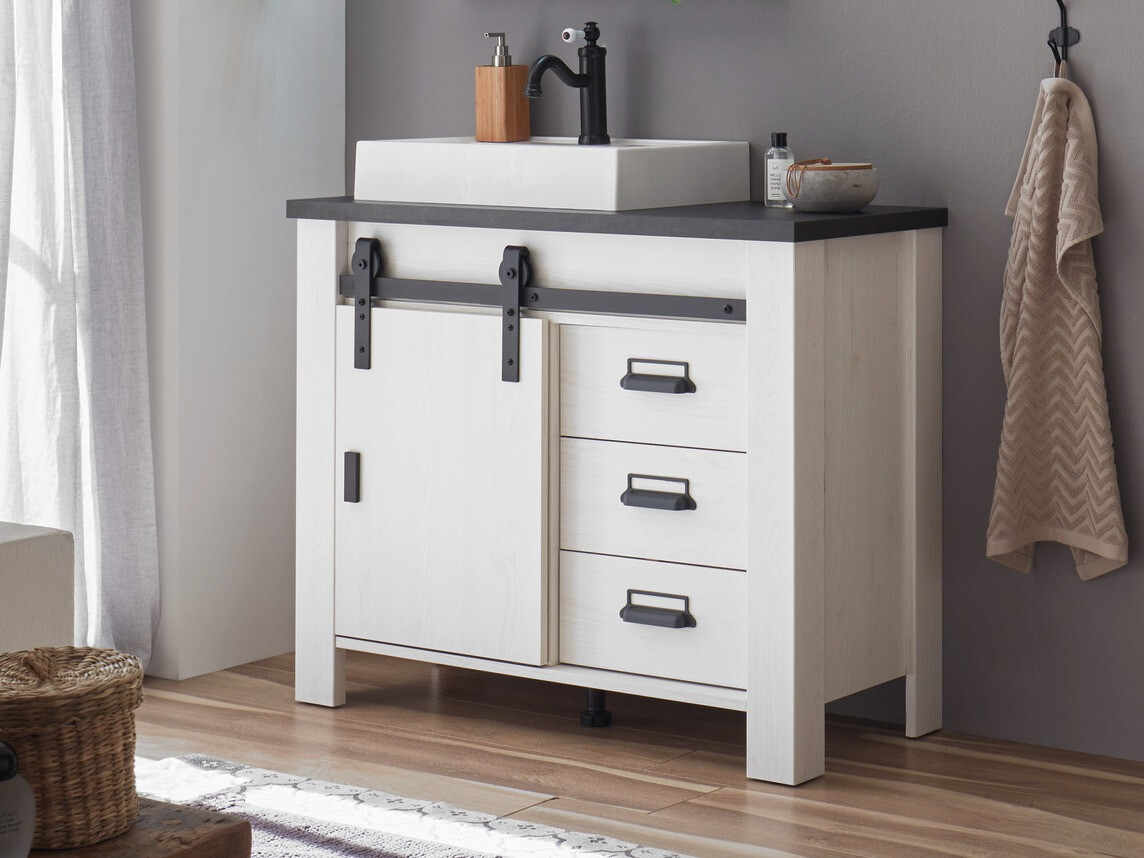 Armario de baño de pie para lavabo Cirtale 133 (Pino blanqueado + Antracita)
