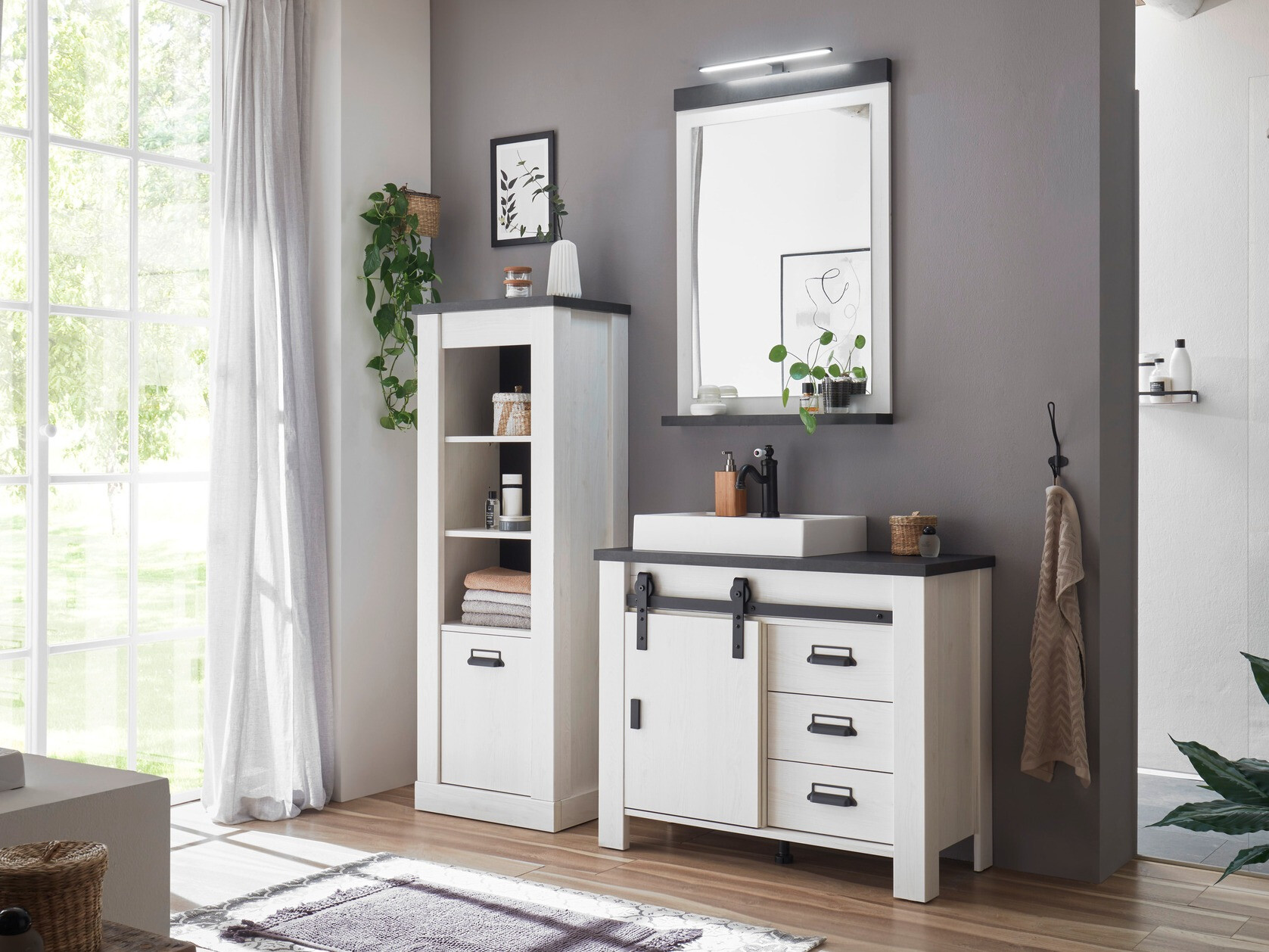 Armario de baño de pie para lavabo Cirtale 133 (Pino blanqueado + Antracita)