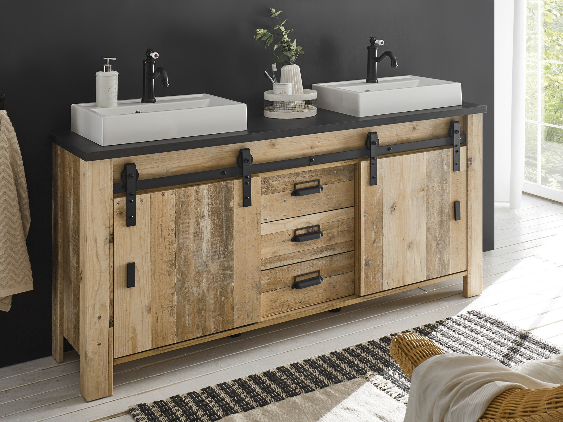 Armario de baño de pie para lavabo Cirtale 134 (Arbol envejecido + Antracita)