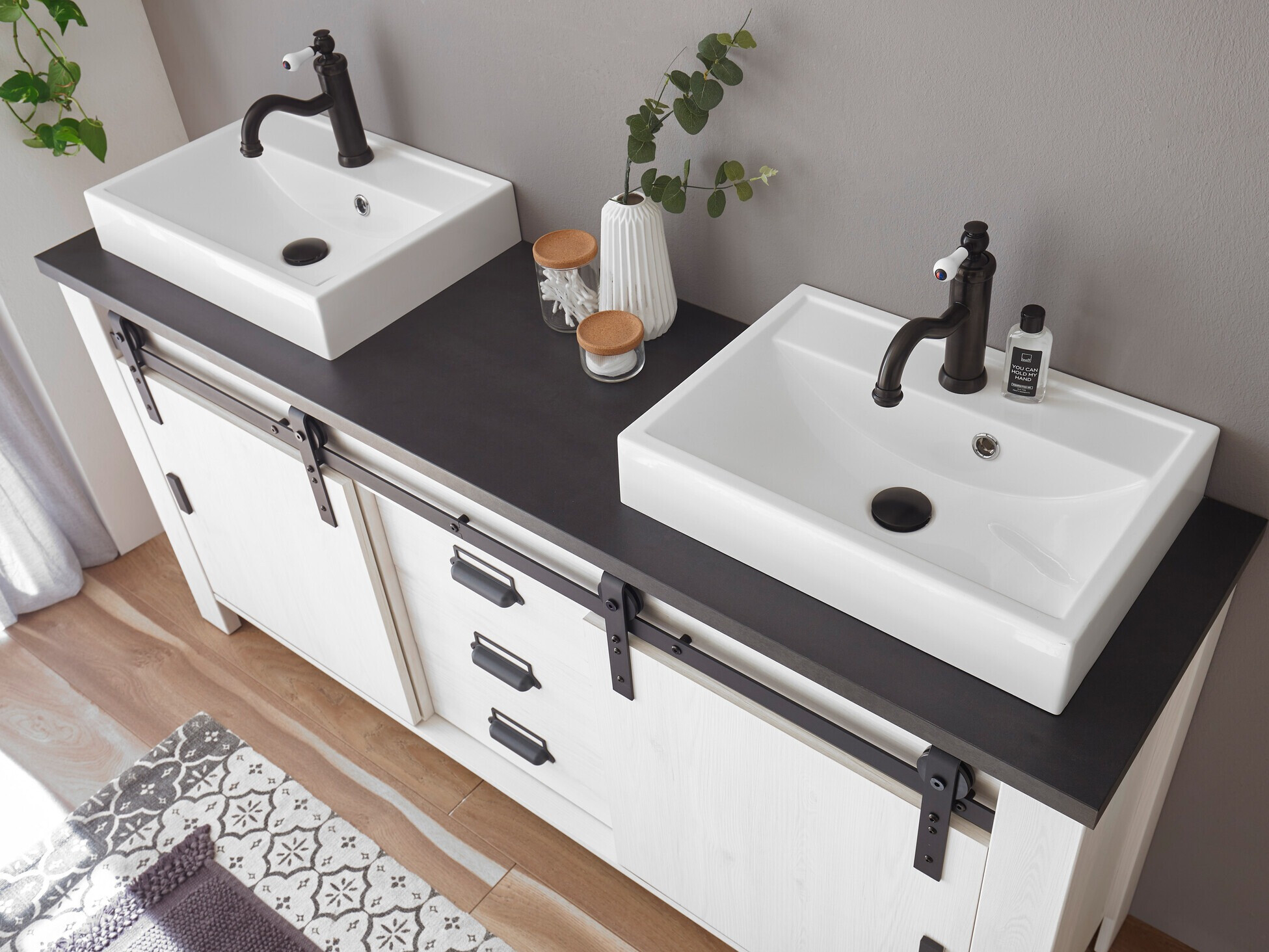 Armario de baño de pie para lavabo Cirtale 134 (Pino blanqueado + Antracita)