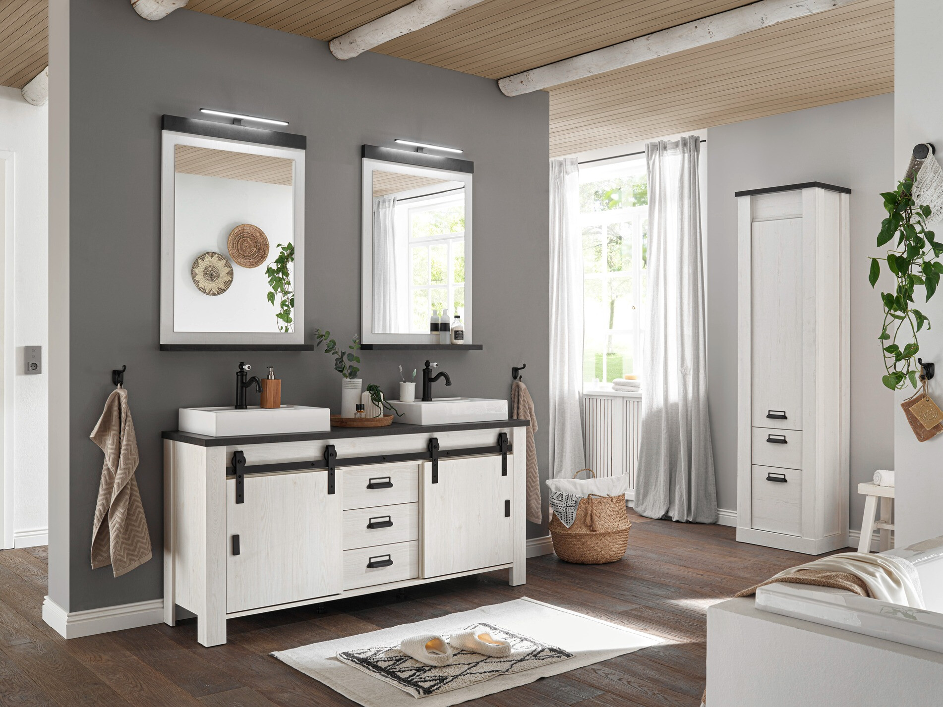 Armario de baño de pie para lavabo Cirtale 134 (Pino blanqueado + Antracita)