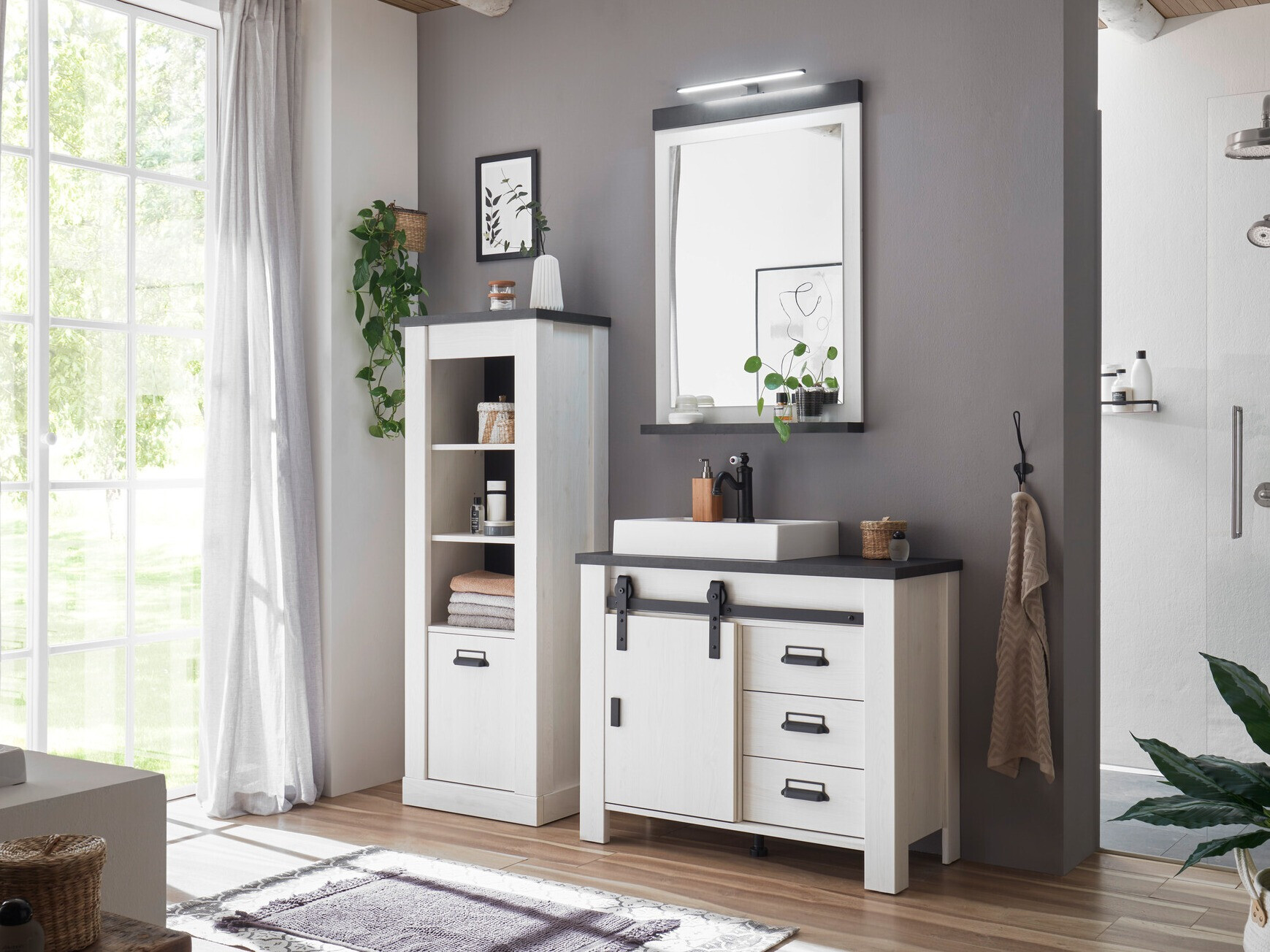 Conjunto de mueble de baño Cirtale 138 (Pino blanqueado + Antracita)