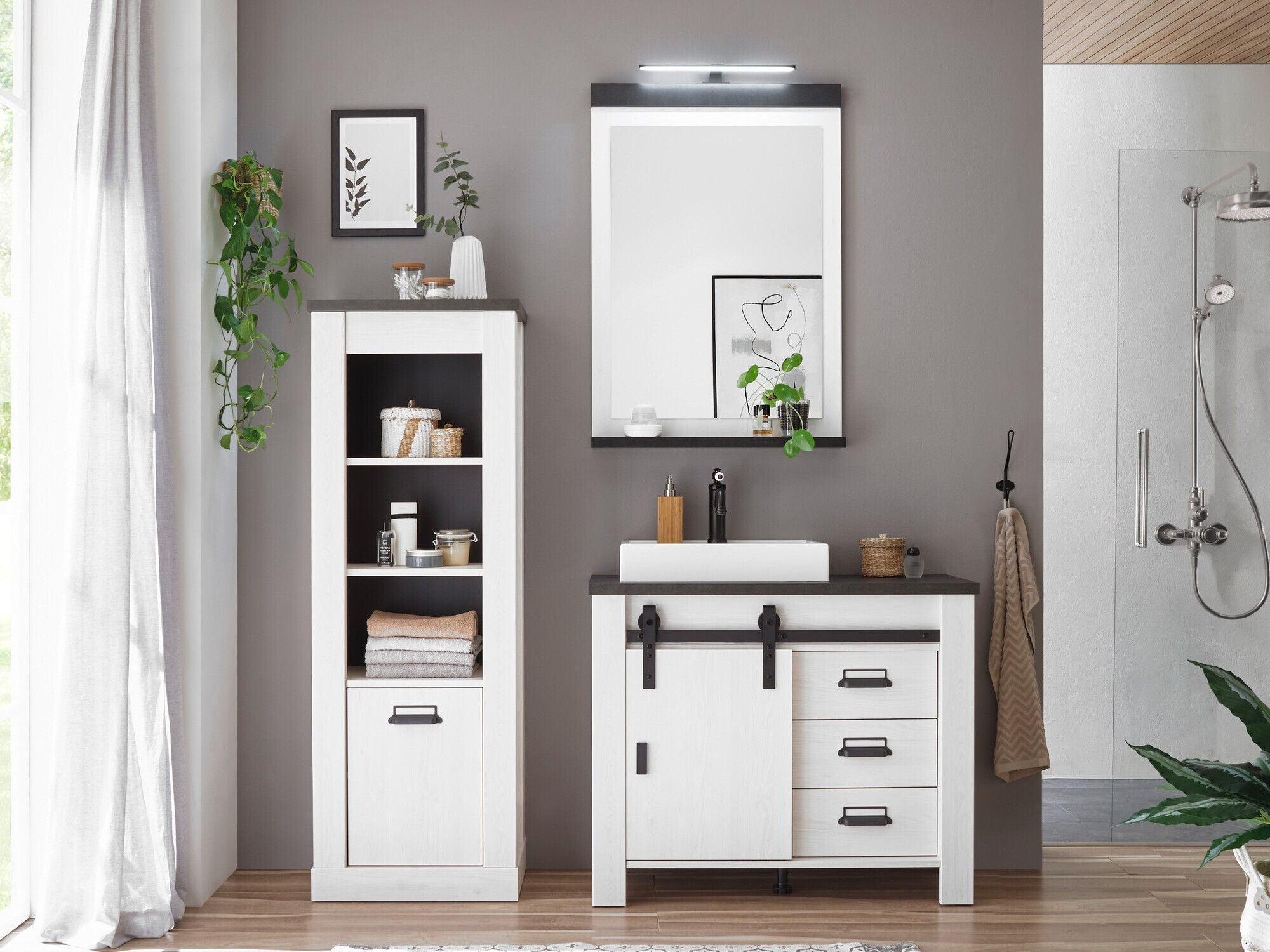 Conjunto de mueble de baño Cirtale 138 (Pino blanqueado + Antracita)