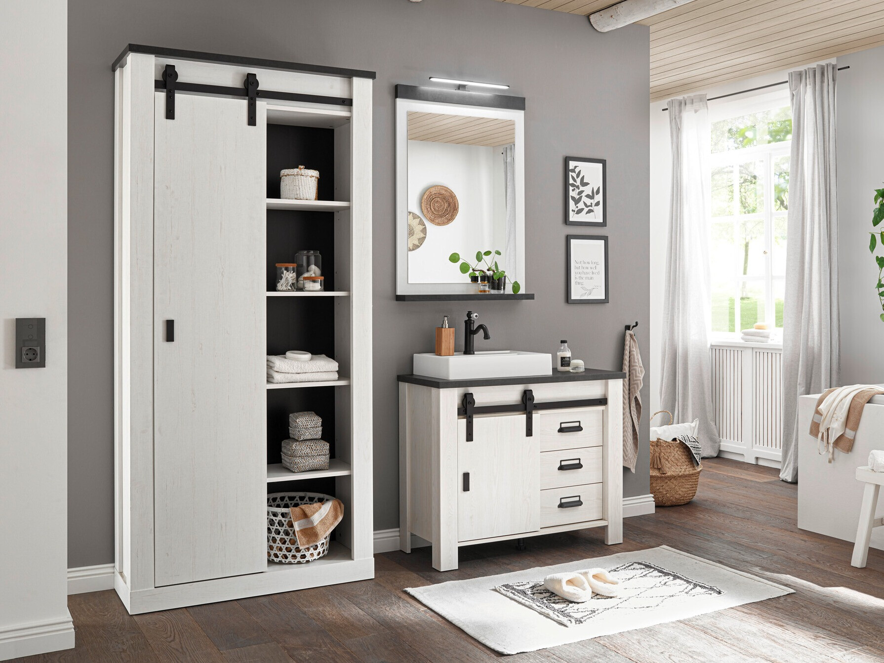 Conjunto de mueble de baño Cirtale 139 (Pino blanqueado + Antracita)