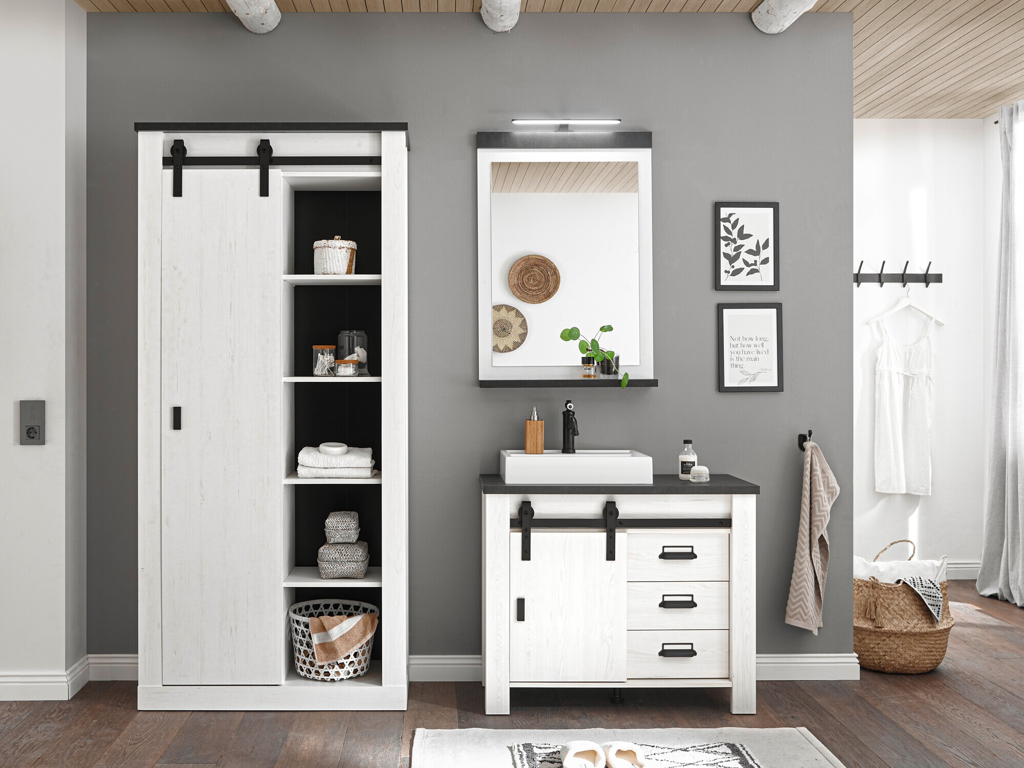 Conjunto de mueble de baño Cirtale 139 (Pino blanqueado + Antracita)