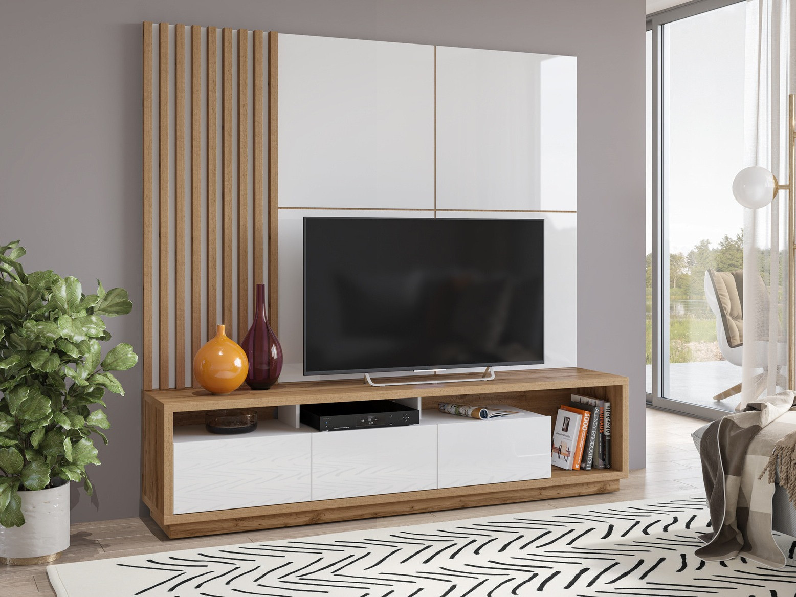 Conjunto de salón Austin 360 (Roble wotan + Blanco + Blanco brillante)