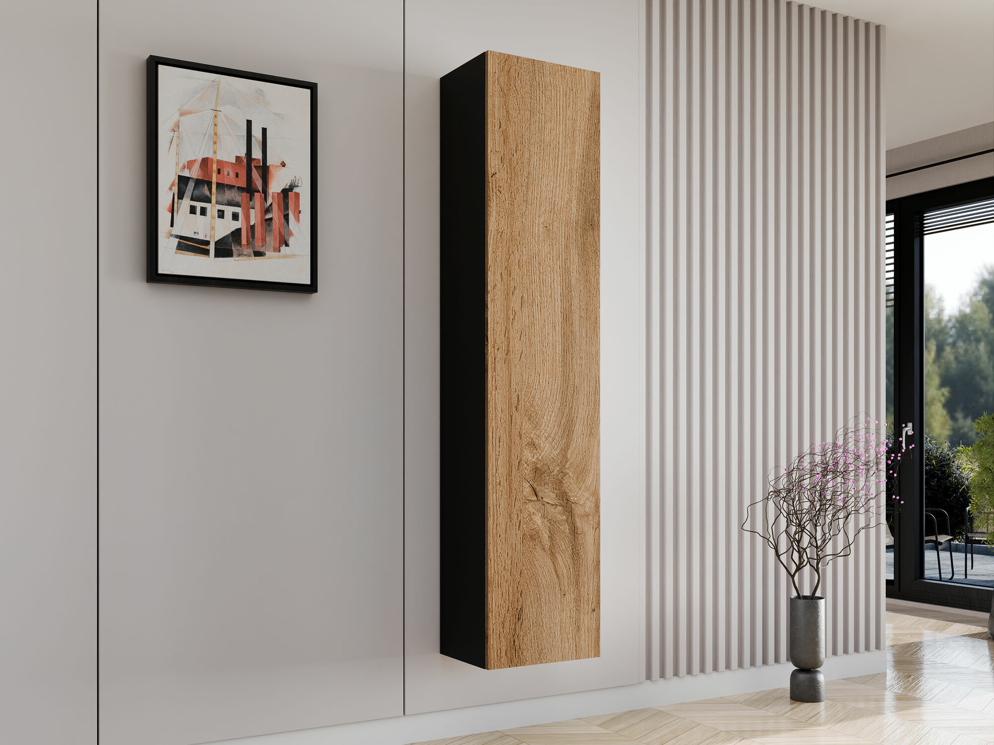 Estantería de pared Vilrin II (Negro + Roble wotan)