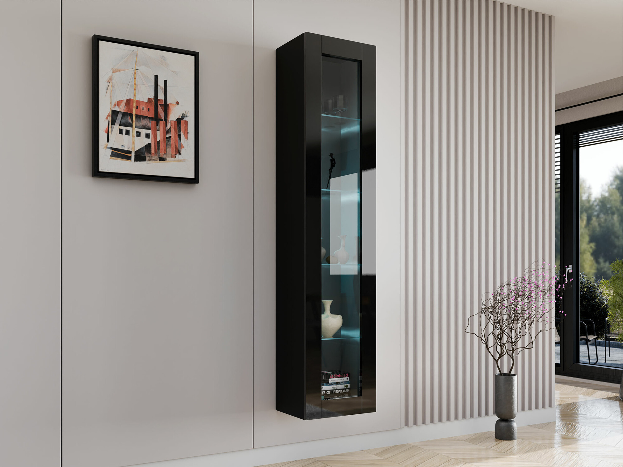 Estantería de pared Vilrin IV (Negro + Negro brillante)