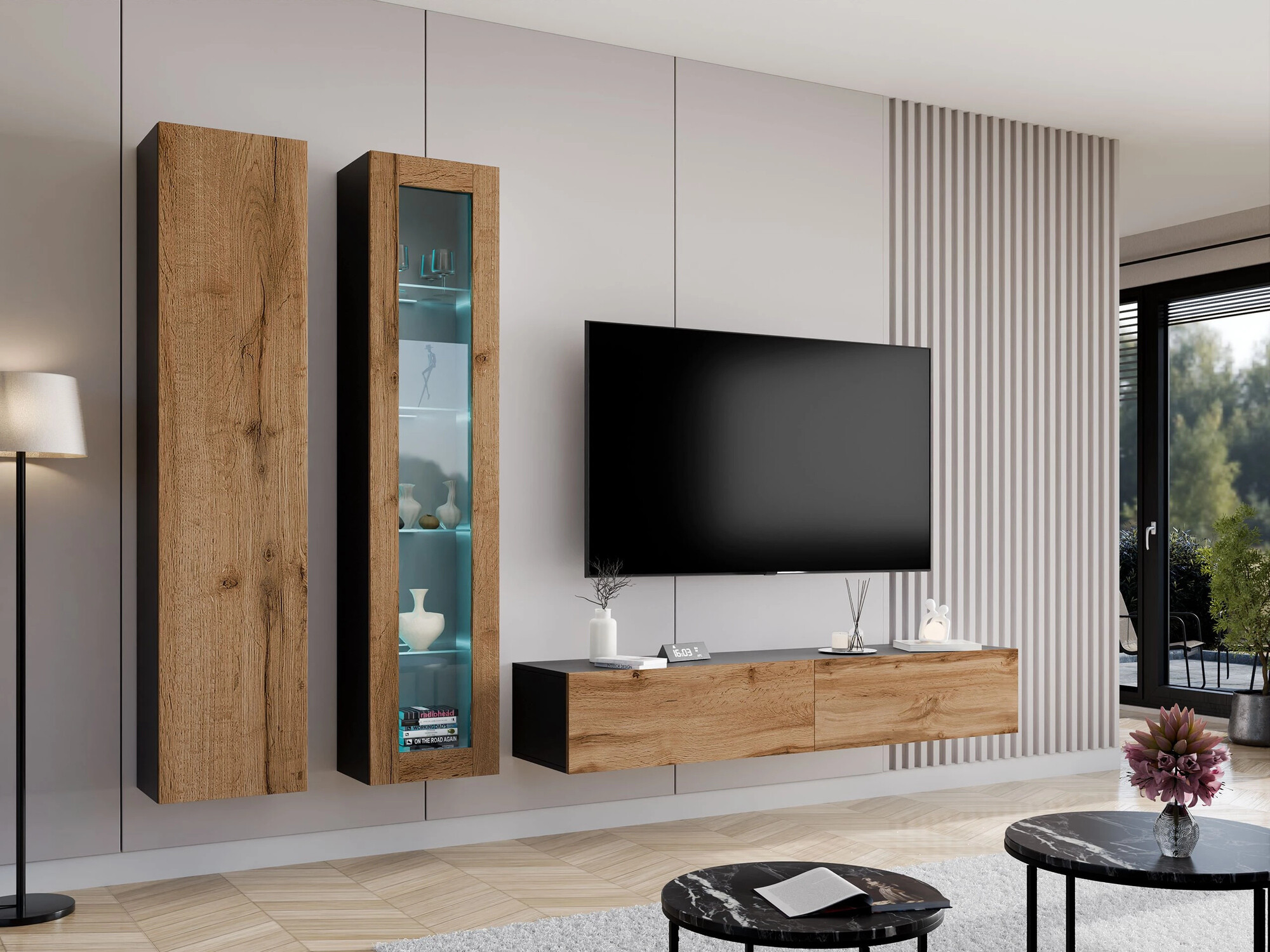 Conjunto de salón Vilrin I (Negro + Roble wotan)