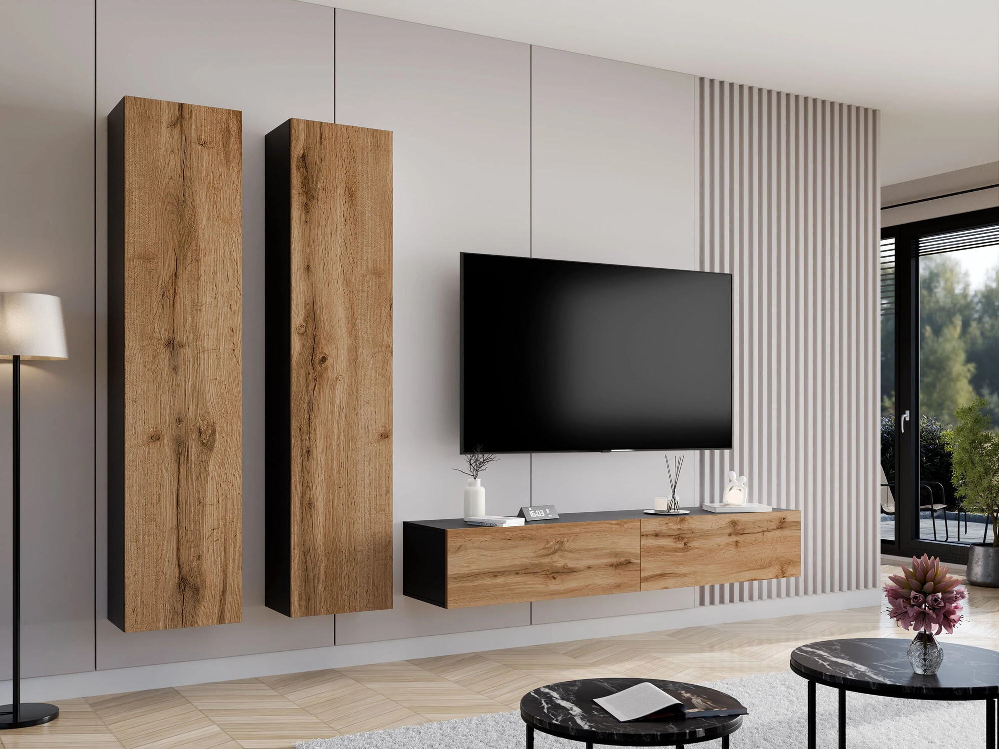 Conjunto de salón Vilrin II (Negro + Roble wotan)