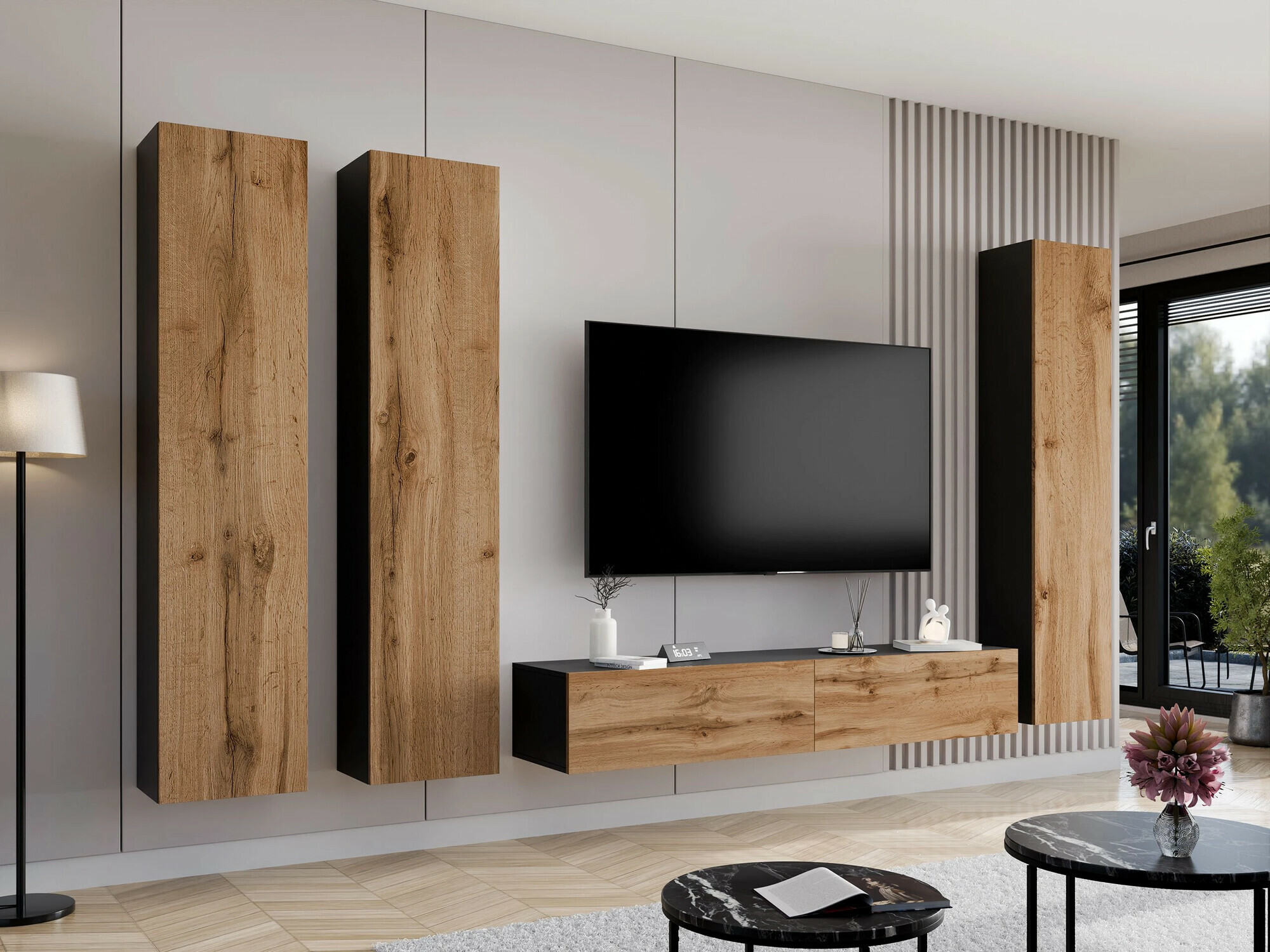 Conjunto de salón Vilrin (Negro + Roble wotan)