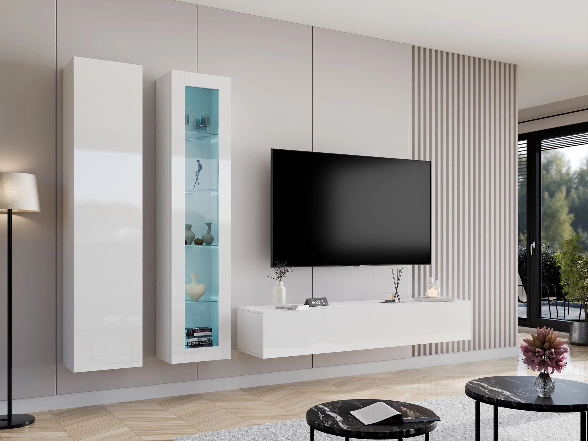 Estantería de pared Venenou 129 (Blanco + Blanco brillante)