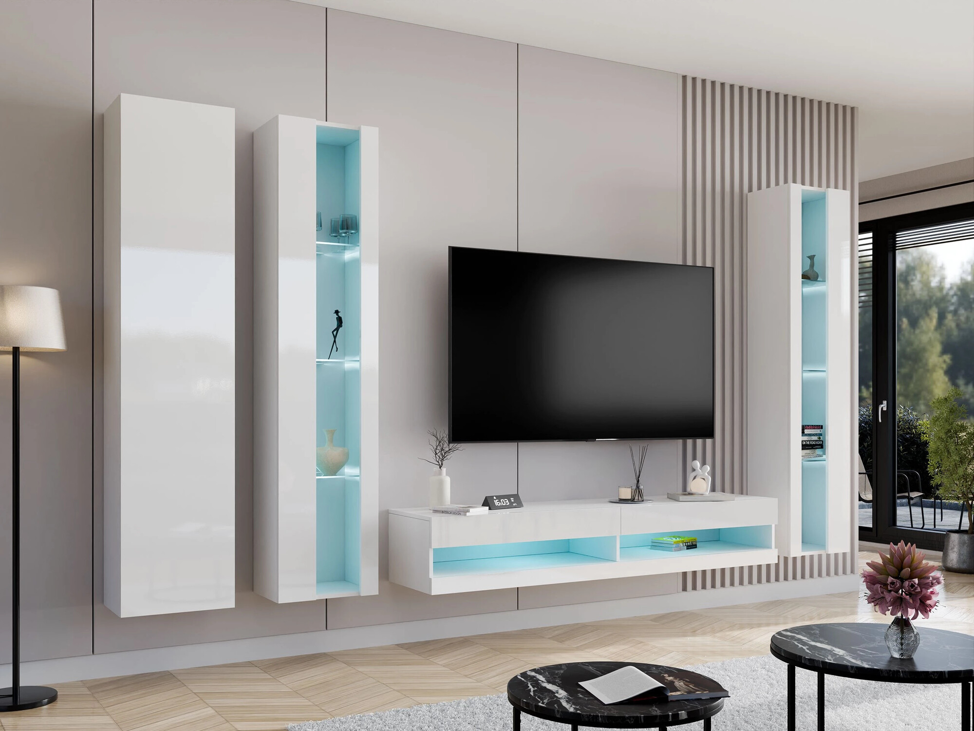 Estantería de pared Venenou 130 (Blanco + Blanco brillante)