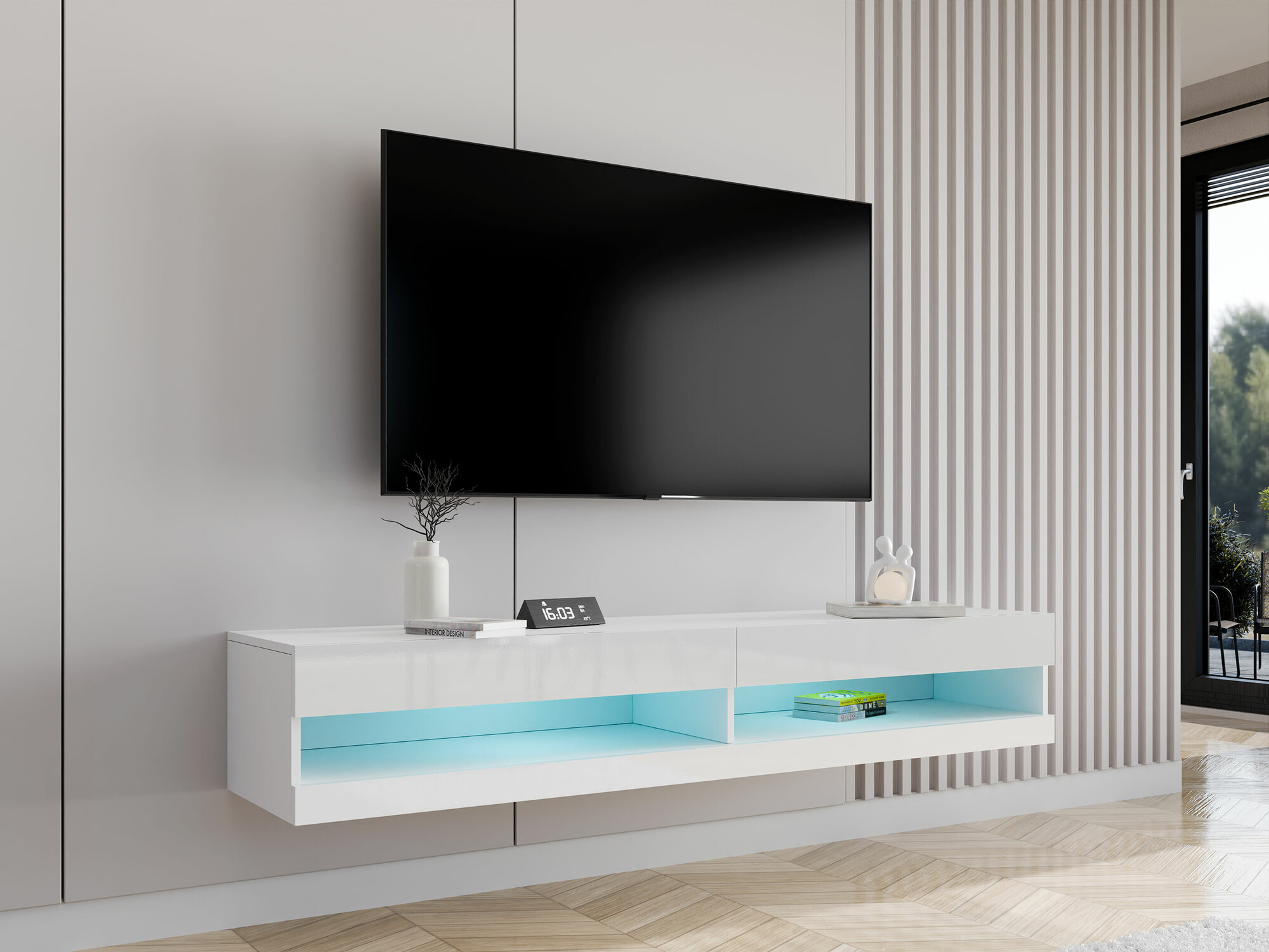 Mueble TV Venenou 120 (Blanco + Blanco brillante)