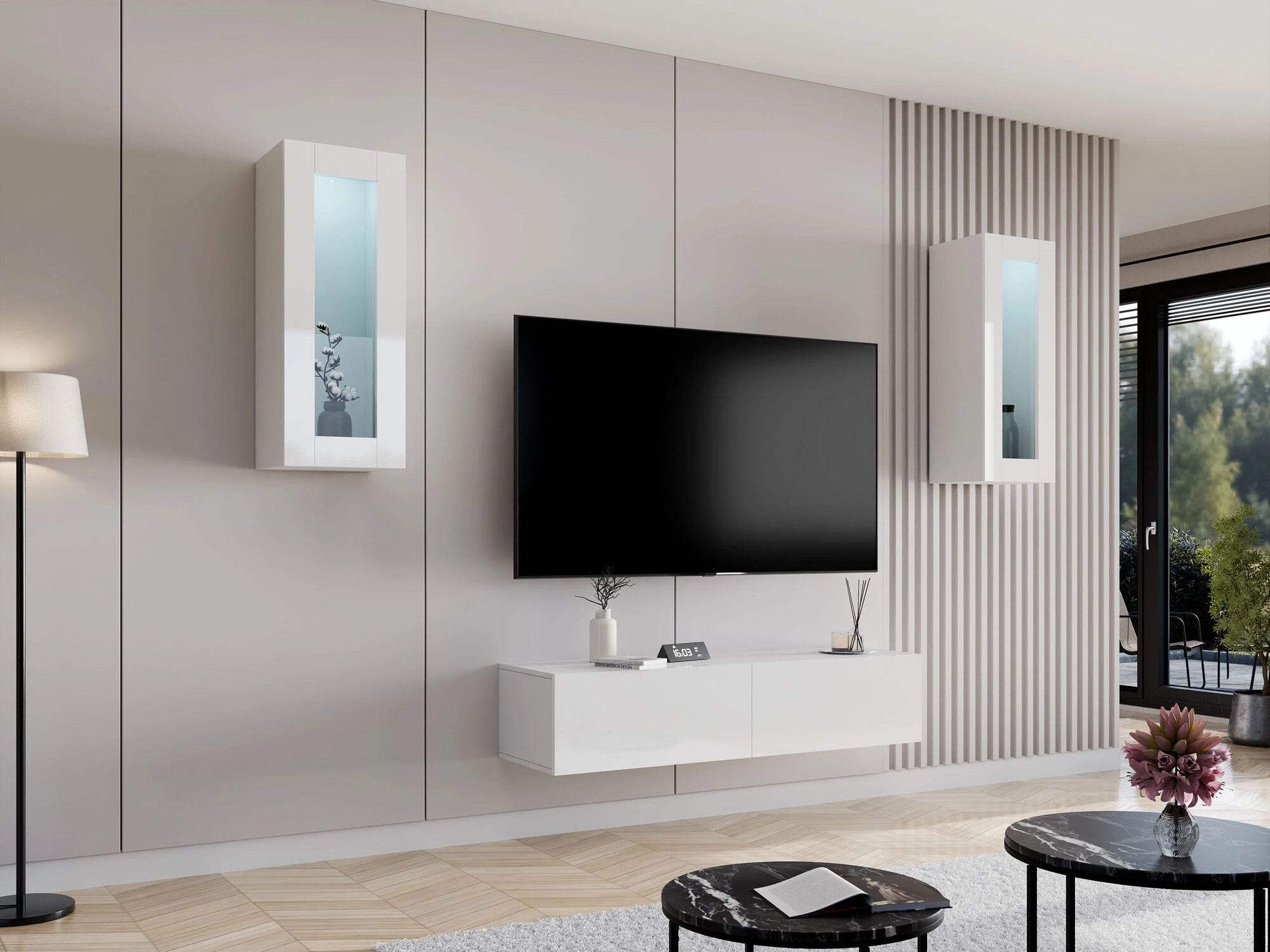 Mueble TV Venenou 125 (Blanco + Blanco brillante)