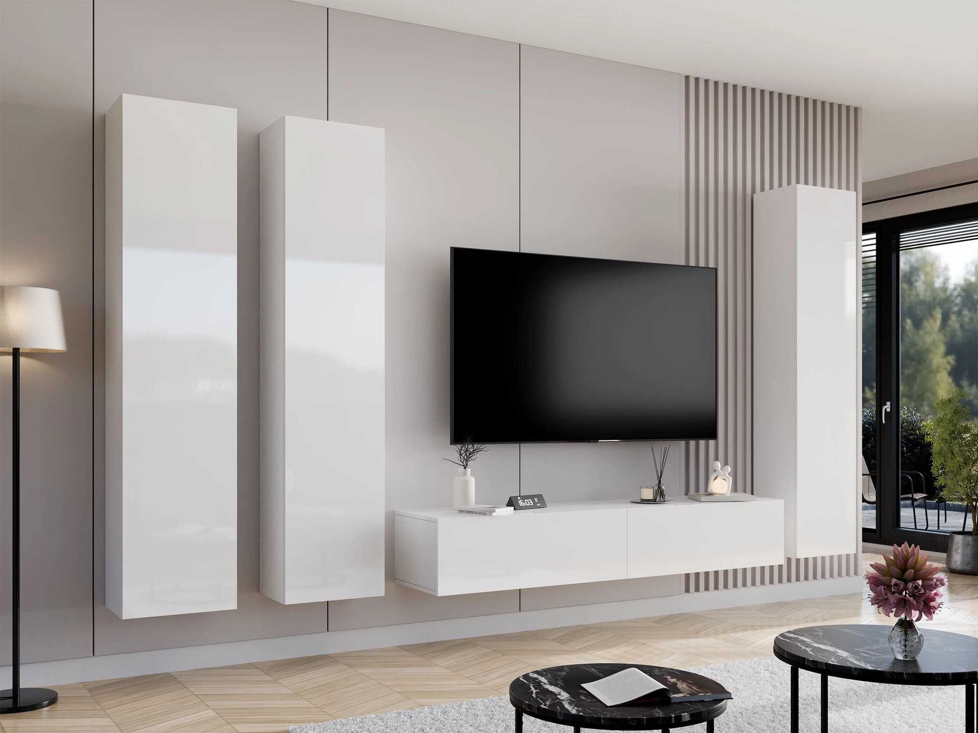 Mueble TV Vilrin I (Blanco + Blanco brillante)
