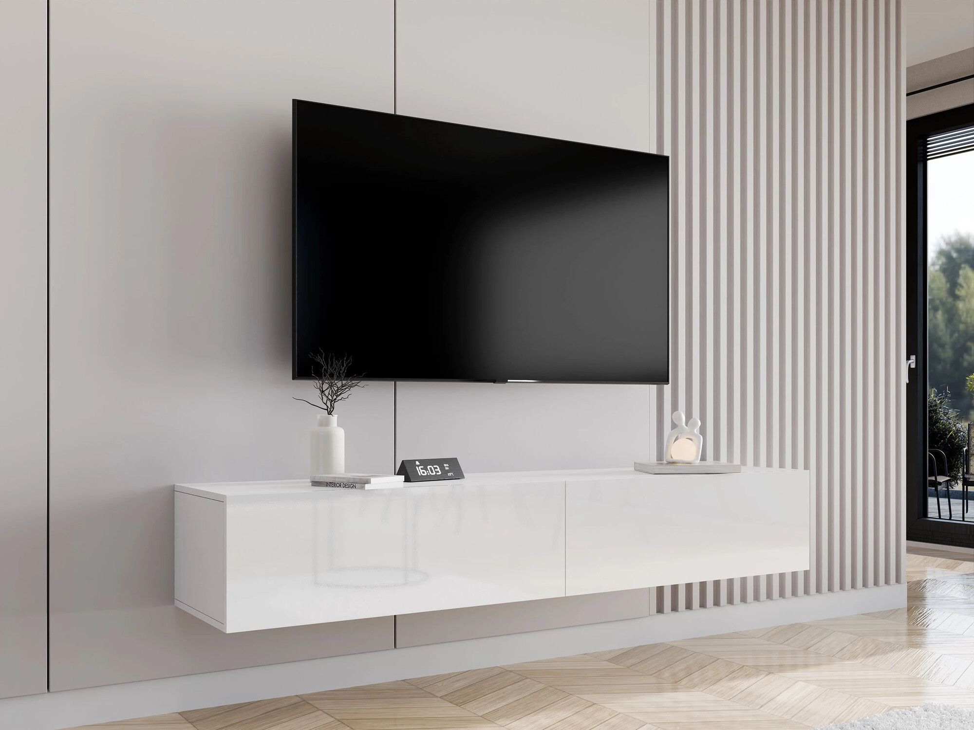 Mueble TV Vilrin I (Blanco + Blanco brillante)