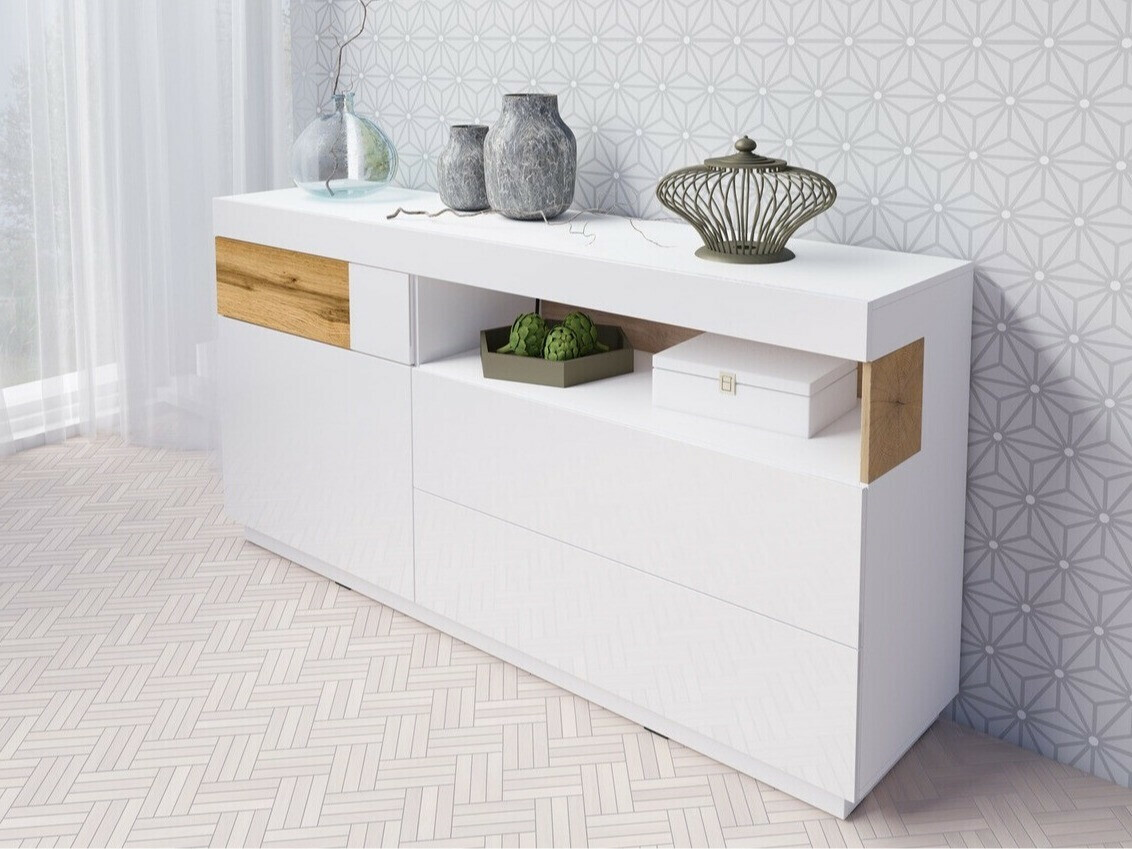 Cómoda Livlore 107 (Blanco + Blanco brillante + Roble wotan)
