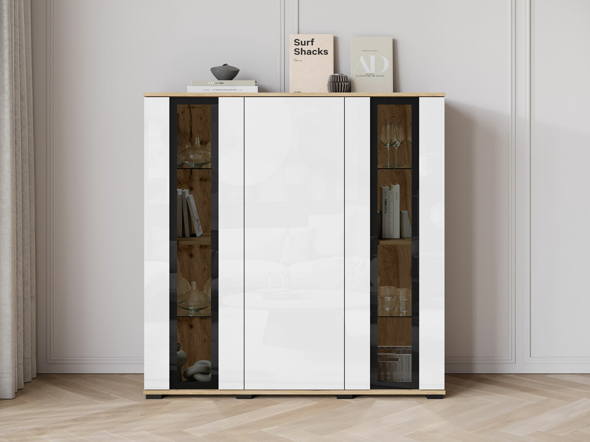 Aparador Torcame 100 (Roble wotan + Blanco brillante)