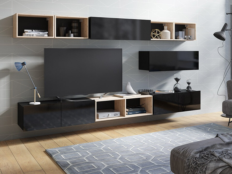 Conjunto de salón Tivdalu 146 (Negro + Negro brillante + Roble Artisan)