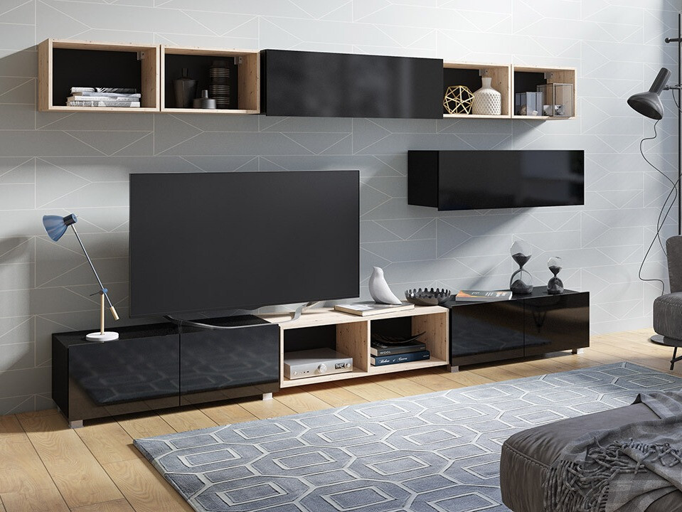 Conjunto de salón Tivdalu 146 (Negro + Negro brillante + Roble Artisan)