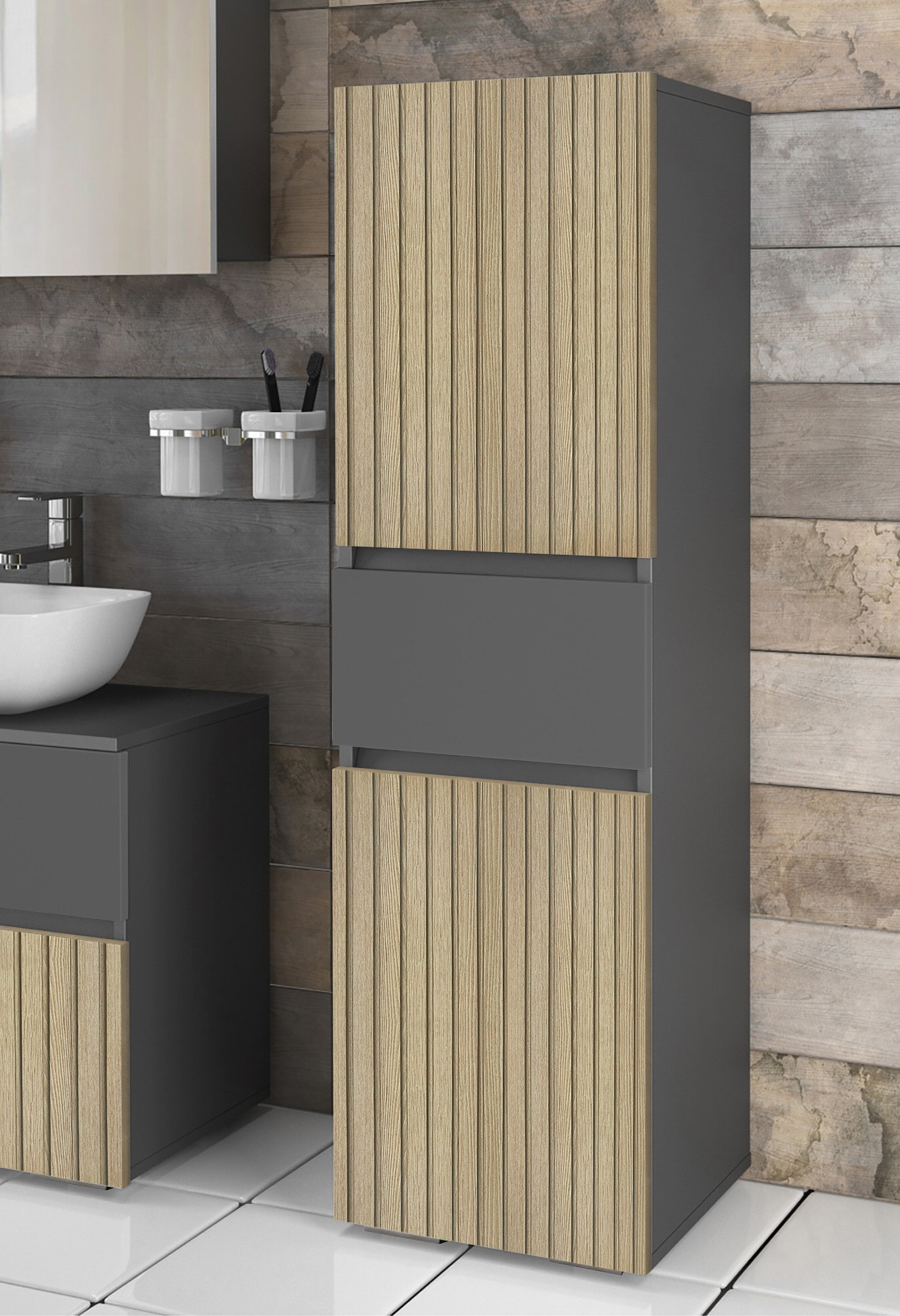 Armario de pie para baño Soncamu 102 (Antracita + Roble claro)