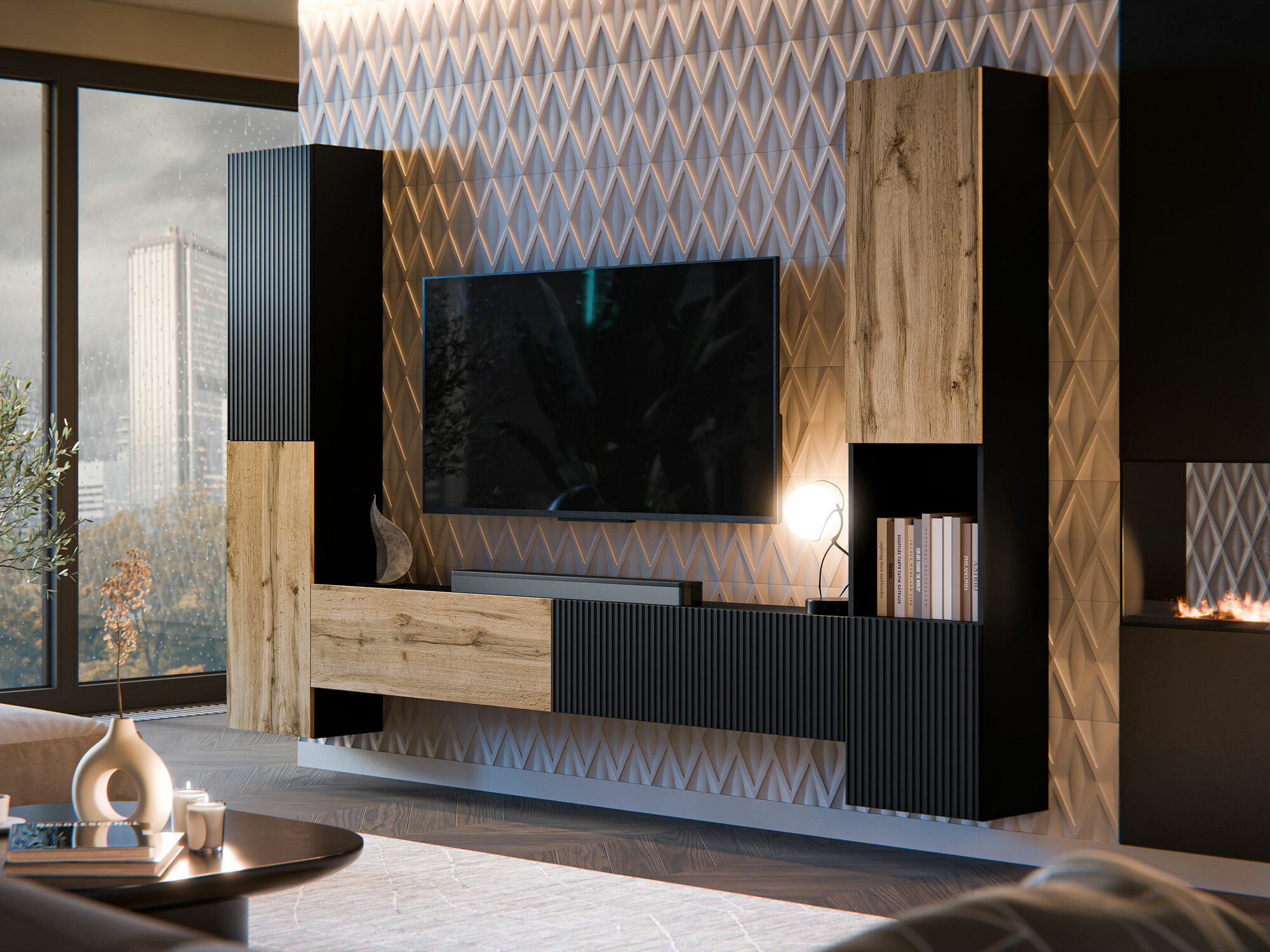 Conjunto de salón Calveru 105 (Negro + Roble wotan)