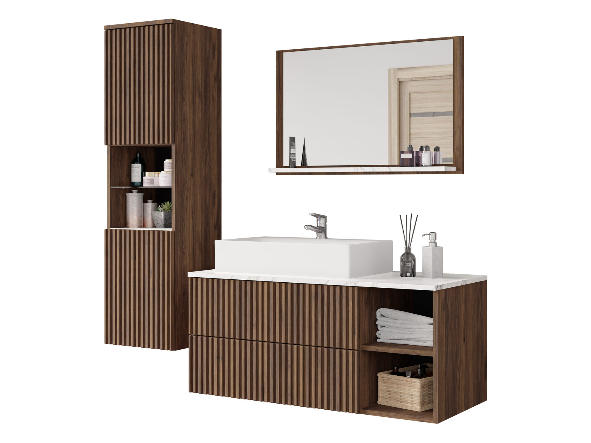 Conjunto de mueble de baño Nauta I (Nogal + Mármol blanco)